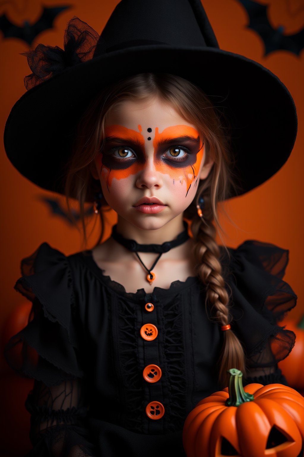 upper body portrait of 10yo cute girl with (Halloween paint on face), in Gothic Haloween costume and hat, (glaring at camera:1.5),(gothic),fractal punk, braid hair, matte painting portrait shot, beautiful girl, pink fair skin, she is dressed in Halloween clothes, Pumpkin motif accessories,necklace and earrings, Halloween atmosphere, heavy makeup,orange theme,score_9, score_8_up, score_7_up, score_6_up, score_5_up, score_4_up,