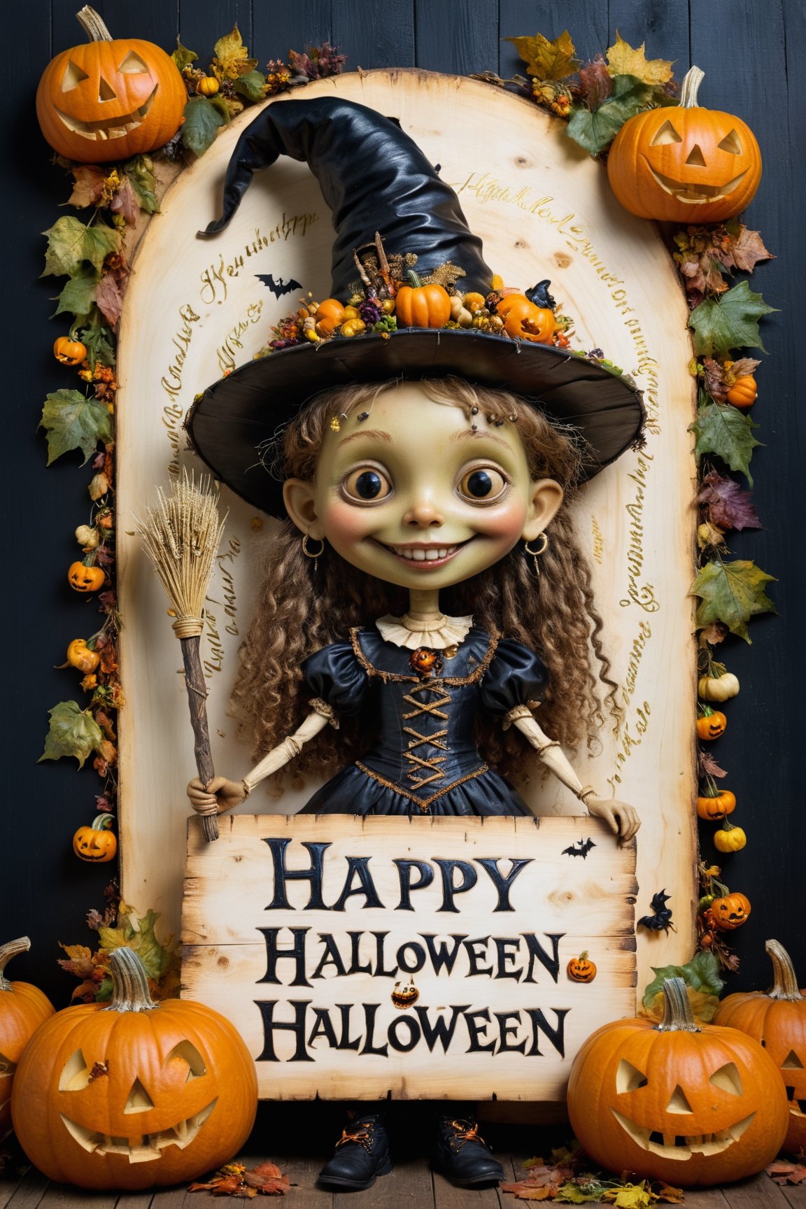 (Aetherpunk style:1.4),wide angle,8k , ultra quality ,nature,pagan imagery,cute very young Halloween witch,10 years old girl,(big smile),holding a board with text as "HAPPY HALLOWEEN" ,,art by Giuseppe Arcimboldo,gold detailed,utopia,magic,(Halloween atmosphere),neon detailed,beasts,mages,in Halloween town,amazing scenery,(highly detailed:1.2),(ultra realism:1.2), realistic, detailed, textured, skin, hair, eyes, by Alex Huguet, Mike Hill, Ian Spriggs, JaeCheol Park, Marek Denko,(side view:1.5)
,text as ""