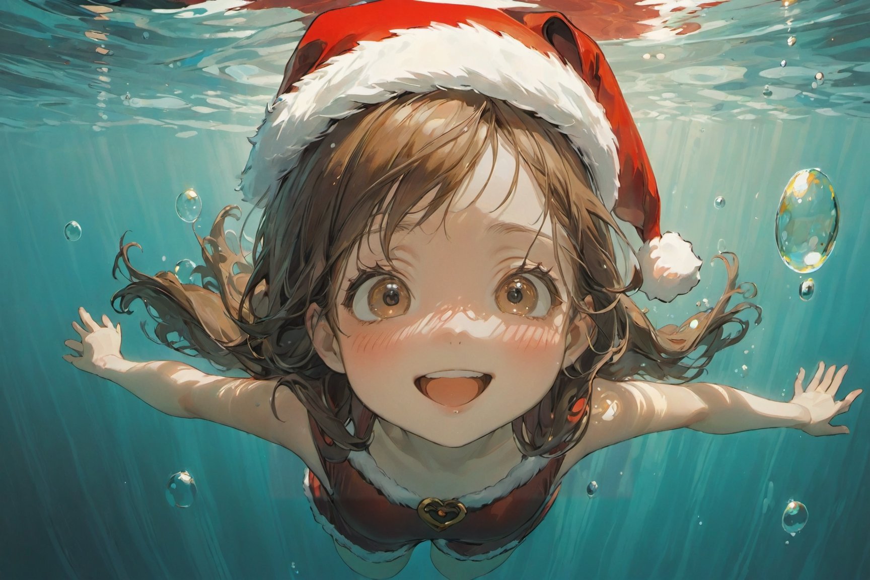 (christmas theme:1.5),foreshortening,  depth of field, masterpiece, best quality, 1girl, brown hair, brown eyes,  long hair, underwater, air bubble, solo, looking at viewer,(lovely smile), (wearing Santa Claus costume), swimming,  dappled sunlight, in the style of esao andrews,(viewed fron below:1.2)