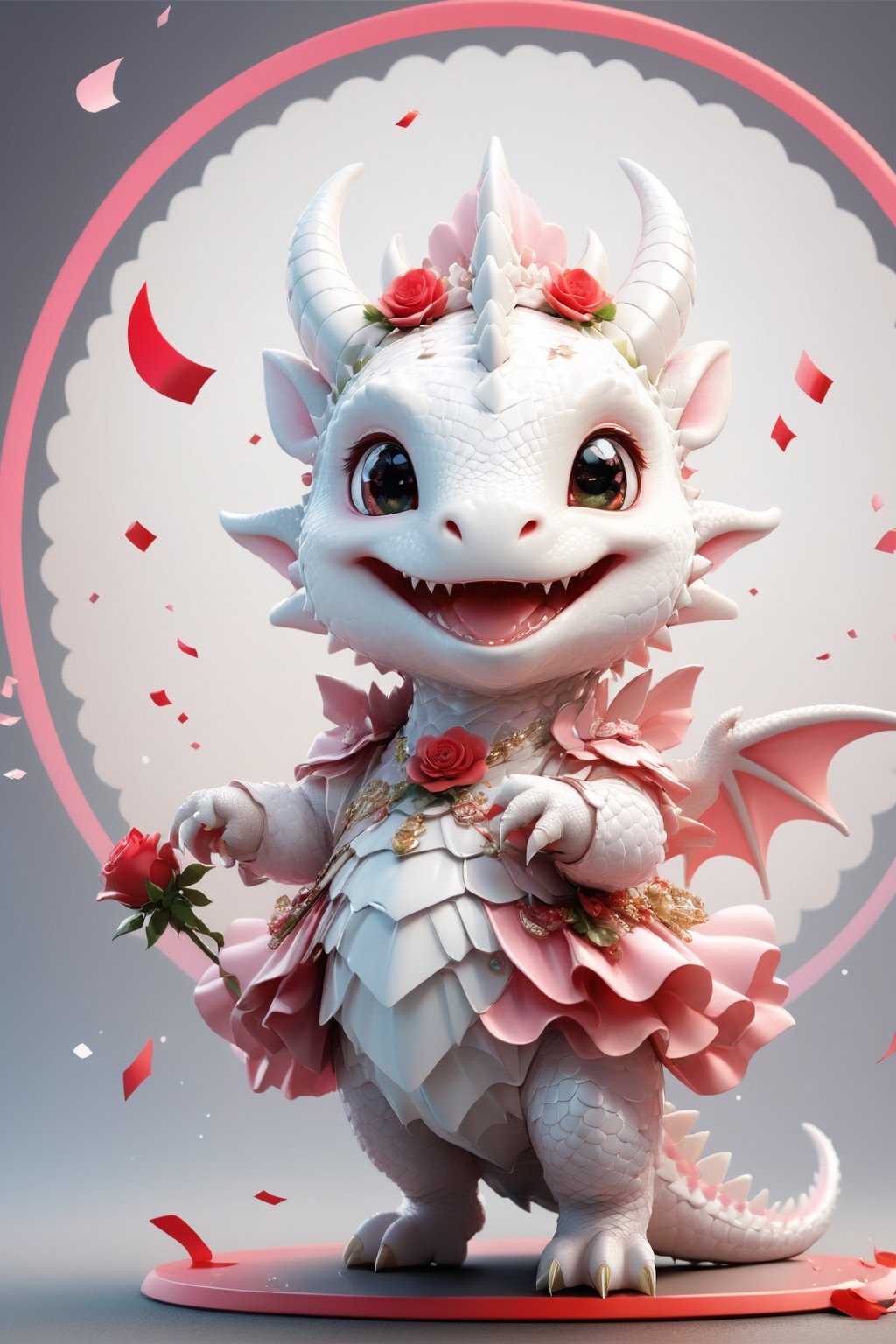  portrait of cute dragon,(dynamic  pose), high quality,(happy atmosphere) ,holding a red rose,smile, , (wind effect), confetti of red roses background,,(full body image:1.5),,,cute dragon,