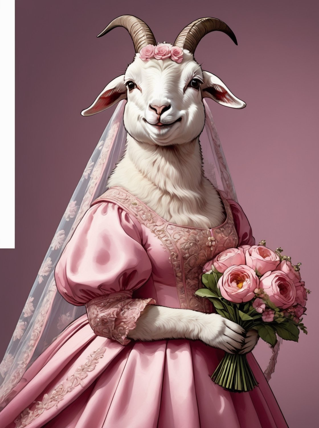  portrait of Dressed animals - a ((fat)) baby goat,(elegant pose),(closed mouth),(frurry), high quality,(lovely) ,intricate details, highly detailed ((pink wedding dress)),wearing opera globes ,wearing highly detailed veil, highly detailed decorations ,holding flower bouquet, (), studio lighting,(full body image:1.5),comic book