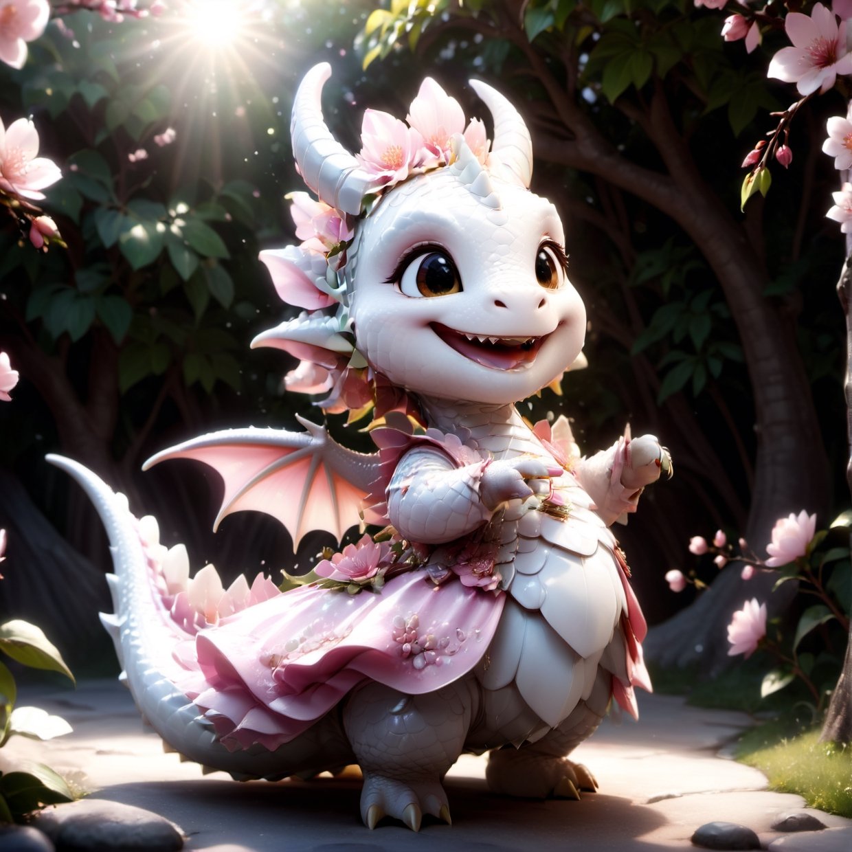  portrait of cute dragon,(singing pose), high quality,() ,intricate details, highly detailed dress ,smile,highly detailed flower decorations, long tail , (wind effect), cherry_blossom background,sun light,perfect lighting,(full body image:1.5),more detail XL,,cute dragon,sticker,ULTIMATE LOGO MAKER [XL],disney pixar style