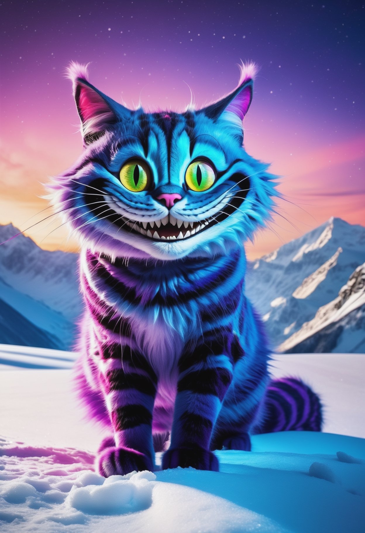 RAW photo, realistic photography, (realistic Cheshire Cat:1.5) wandering through the untouched purity of the snow-clad Himalayas, creepy big smile, a mythical tapestry of frost under the spectral dance of the auroras