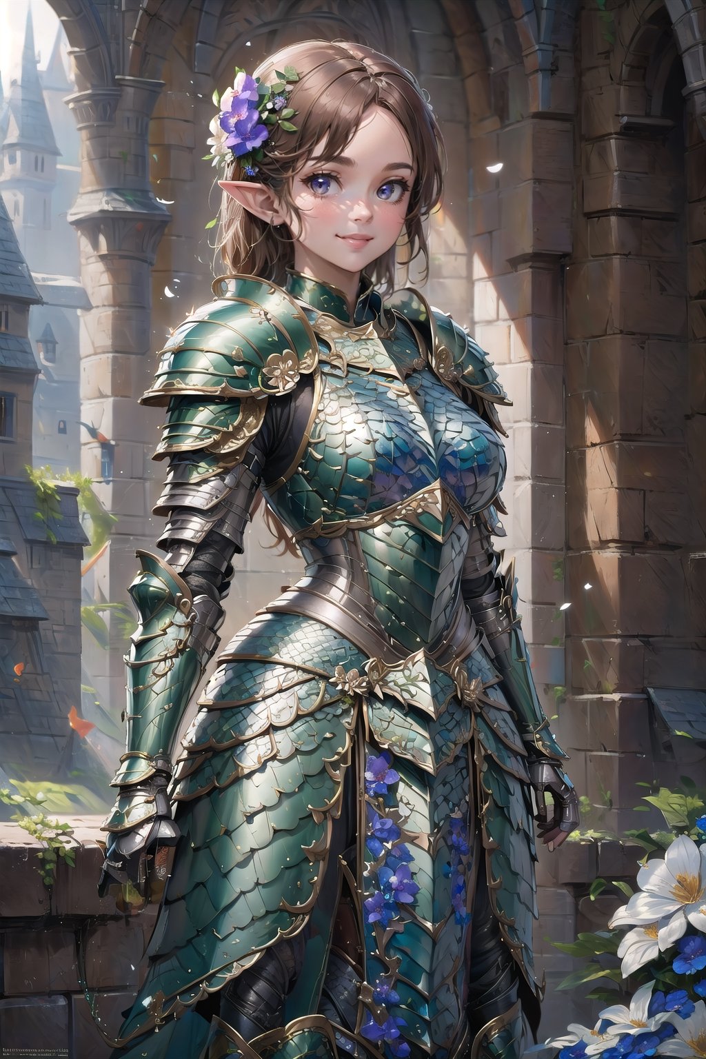 (masterpiece, best quality), (ultra detailed),(absurdres), 1 girl wearing armor,(baby face:1.1),pointy ears,right brown hair,kindly smile,(flower:1.4),Matte Painting,cowboy shot,(fantasy world),stone buildings,dragon armor