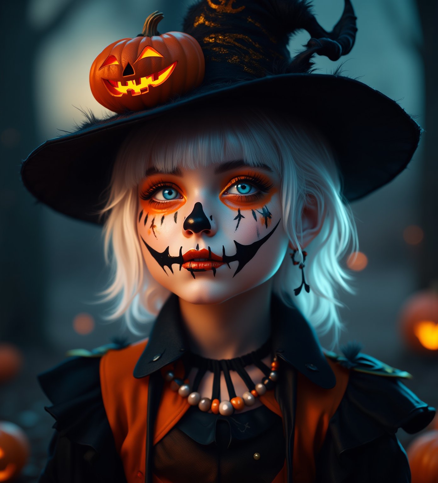 (Best Quality, 8K, 32K, masutepiece:1.3), Ultra-detailed, (Photorealistic:1.4), white colors, albino,15yo cute Girl with Halloween heavy paint on her face, child-like face, Detailed eyes, Upper body, Luxurious punk hair, Edgy Halloween fashion,(Halloween atmosphere),in Gothic Haloween costume and hat, Pumpkin motif accessories,necklace and earrings,  Avant-garde Halloween makeup, Numerous piercings,,night sky background, Backlight effect, Shallow depth of field, Blurry background,score_9, score_8_up, score_7_up, score_6_up, score_5_up, score_4_up,