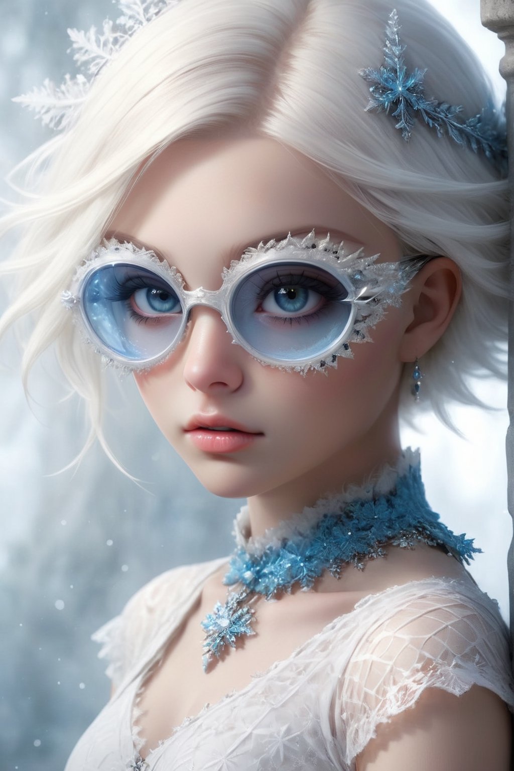 ((Bokeh:1.5)),((Soft focus:1.5)),(Fog),((blur)),,
The Childlike Empress,stunning beautiful young albino girl,14 yers old,alabaster skin,very short brown  hair,wearing sfglasses,((Slicked back hair)),(head chain with jewelry stone),((viewed from side:1.5)),
girl has Beautiful blue eyes, soft expression, Depth and Dimension in the Pupils, She wears white delicate fractal pattern lace dress, , creating a sense of movement and depth.
p3rfect boobs,3d toon style,sfglasses,