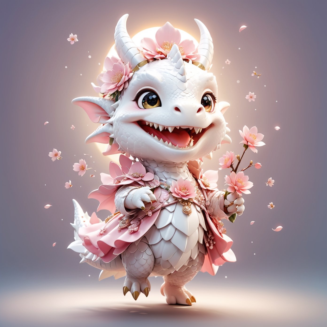  portrait of cute dragon,(dynamic  pose), high quality,(happy atmosphere) ,,smile, , (wind effect), cherry_blossom background,sun light,(full body image:1.5),,,cute dragon,sticker