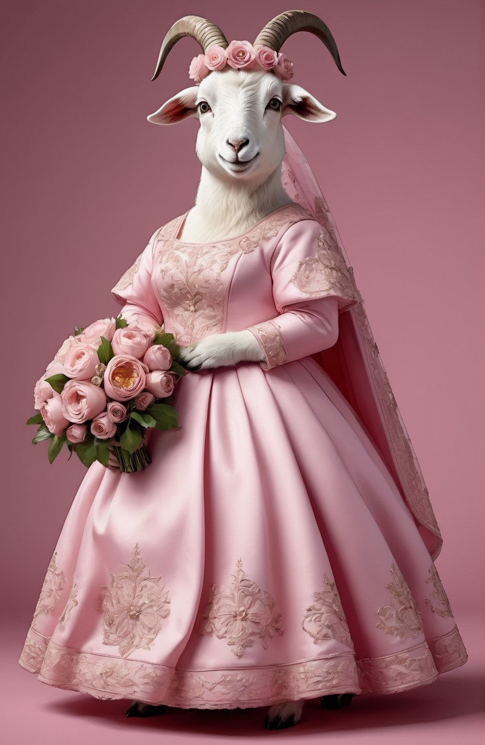  portrait of Dressed animals - a ((fat)) baby goat,(elegant pose),(closed mouth),(frurry), high quality,(lovely) ,intricate details, highly detailed ((pink wedding dress)),wearing opera globes ,wearing highly detailed veil, highly detailed decorations ,holding flower bouquet, (), studio lighting,(full body image:1.5),comic book