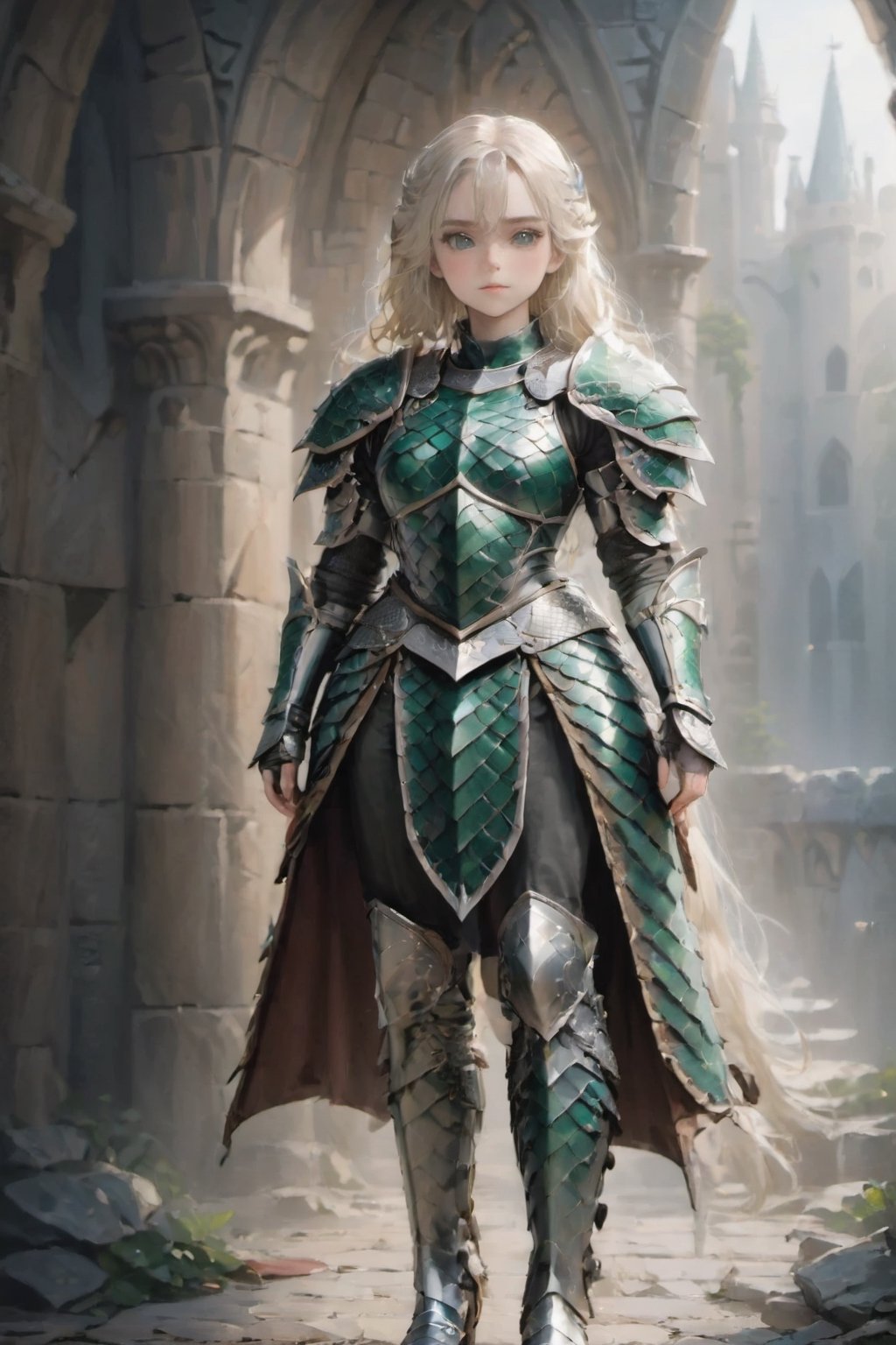 European style, fantasy, solo, brave girl, wearing dragon armor, white blonde long hair, faithing,looking at viewer, ruins,(full body shot:1.5) , (masterpiece), (best quality), (ultra-detailed), (an extremely delicate and beautiful), ((textile shading)), (caustics), (((sharp focus))),dragon armor,,disney pixar style,more detail XL