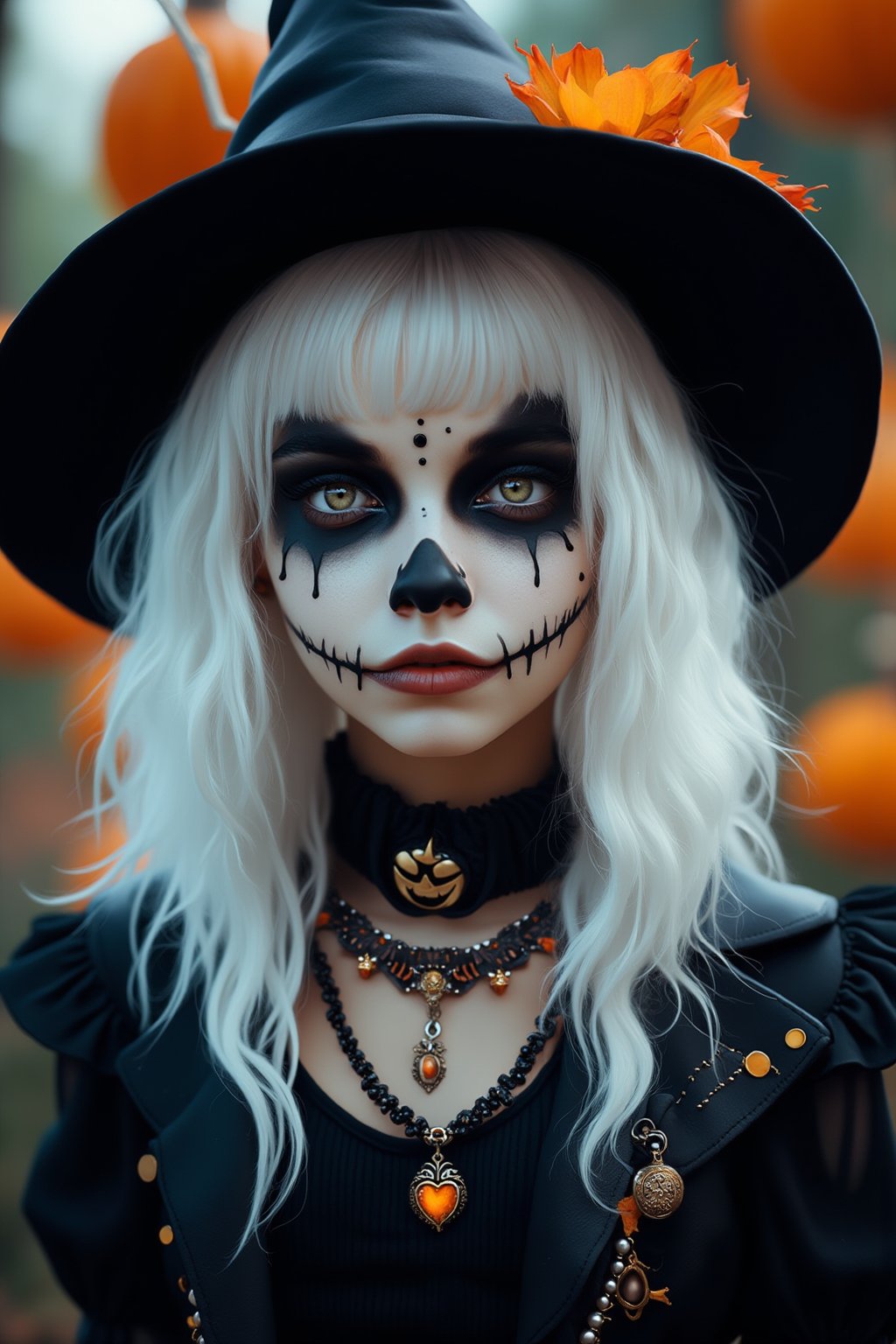 (Best Quality, 8K, 32K, masutepiece:1.3), Ultra-detailed, (Photorealistic:1.4), white colors, albino,15yo cute Girl with Halloween heavy paint on her face, Detailed eyes, Upper body, Luxurious punk hair, Edgy Halloween fashion,(Halloween atmosphere),in Gothic Haloween costume and hat, Pumpkin motif accessories,necklace and earrings,  Avant-garde Halloween makeup, Numerous piercings,,night sky background, Backlight effect, Shallow depth of field, Blurry background,score_9, score_8_up, score_7_up, score_6_up, score_5_up, score_4_up,