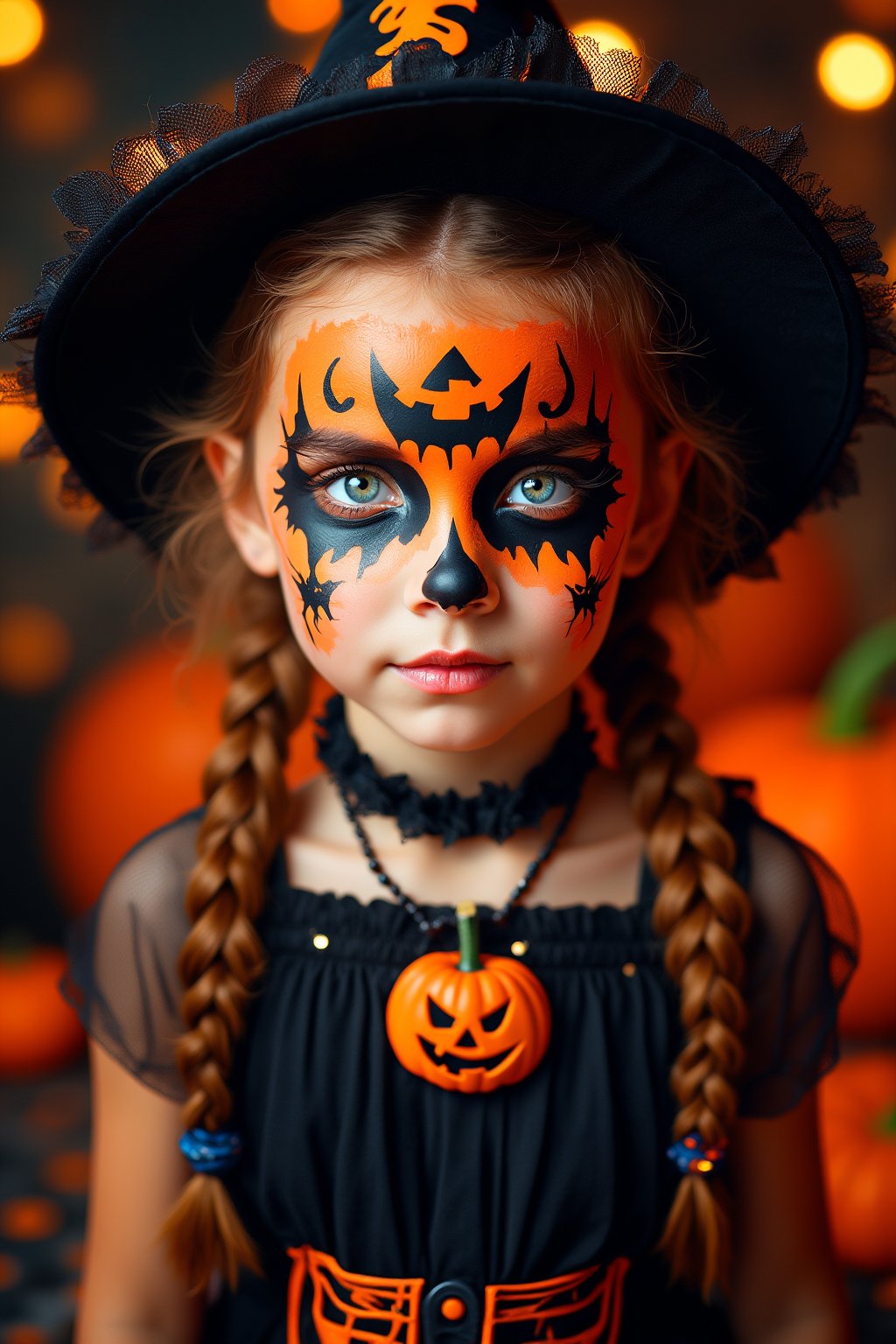 upper body portrait of 10yo cute girl with ( pop paint on face), (Halloween atmosphere),in Gothic Haloween costume and hat, (glaring at camera:1.5),(gothic),fractal punk, braid hair, matte painting portrait shot, beautiful girl, pink fair skin, she is dressed in Halloween clothes, Pumpkin motif accessories,necklace and earrings, Halloween atmosphere, heavy makeup,orange theme,score_9, score_8_up, score_7_up, score_6_up, score_5_up, score_4_up,