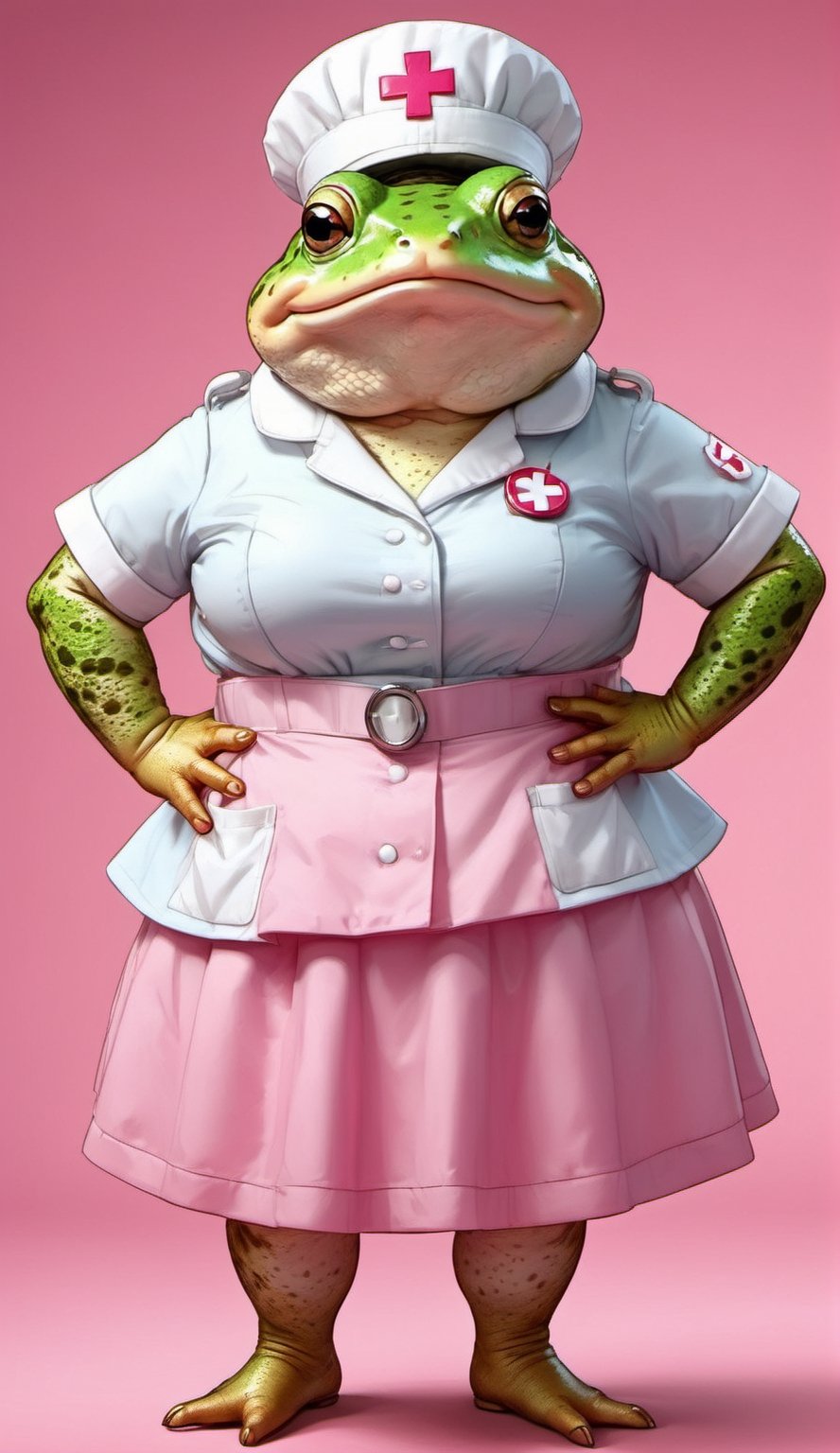  portrait of Dressed animals - a ((fat)) cute toad nurse,(hands on hips:1.5 ),(closed mouth), high quality,(lovely) ,intricate details, highly detailed ((pink nurse costume)), wearing nurse cap and skirt , highly detailed medical equipment , (happy), studio lighting,(),(simple background)