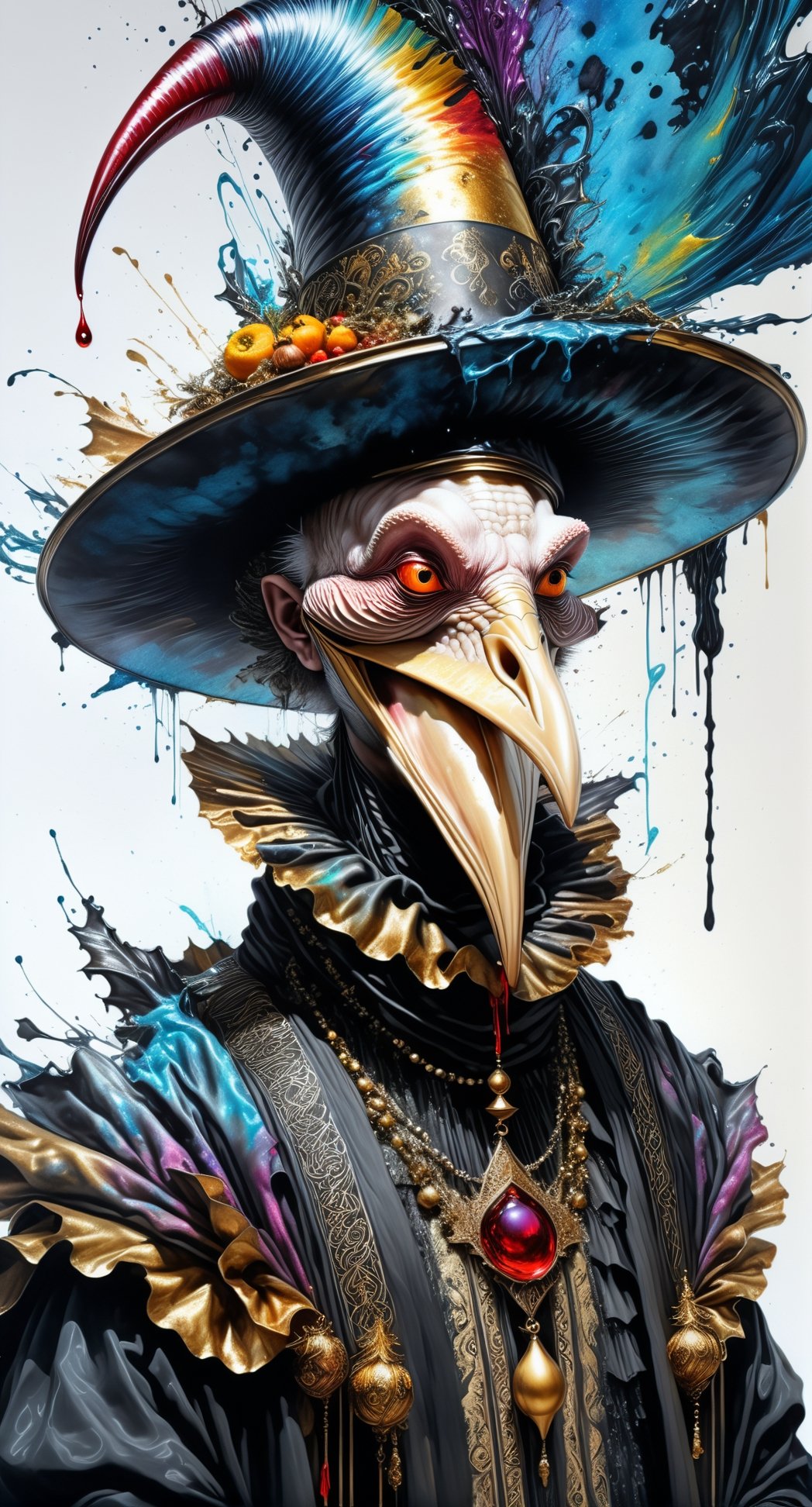 Ultra-Wide angle shot, photorealistic of gothic medieval of  stylish (turkye) character wearing pilgrim outfits,(turkey),(long neck), (large beak),(horror), (creepy smile),art by Carne Griffiths,thanksgiving atmothphere,ornaments of thanksgiving, merged visuals, evocative storytelling, creative blending, seeBlack ink flow: 8k resolution photorealistic masterpiece:  intricately detailed fluid gouache painting: calligraphy: acrylic: colorful watercolor art, cinematic lighting, maximalist photoillustration: by marton bobzert: 8k resolution concept art intricately detailed, complex, elegant, expansive, fantastical, psychedelic realism, dripping paint,,DonML1quidG0ldXL ,Digital painting ,PEOPShockedFace