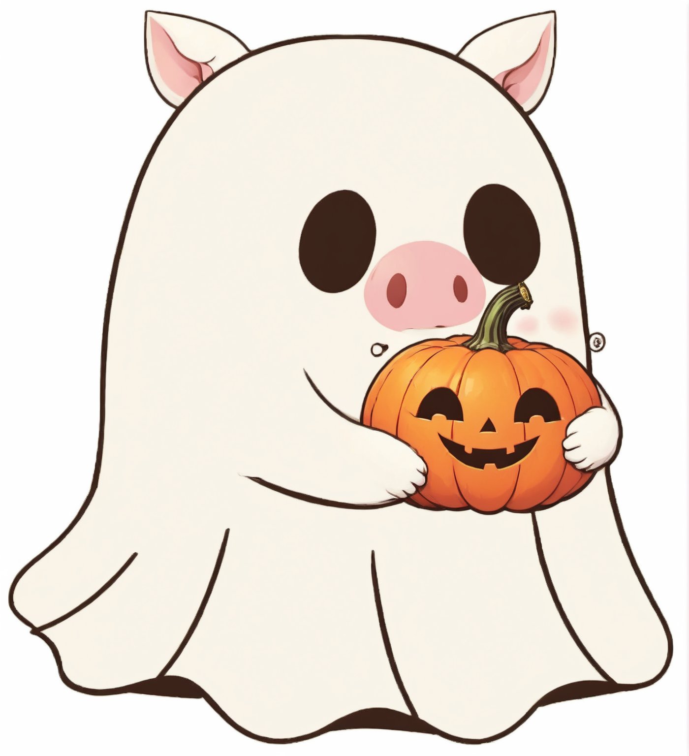 realistic illustration of  ghost, high quality,(cute) ,(smile:1.2),intricate detailed ghost, ,pig ears and nose,,taking pumpkin,Halloween atmosphere, simple  white background,score_9, score_8_up, score_7_up, score_6_up, score_5_up, score_4_up,comic book