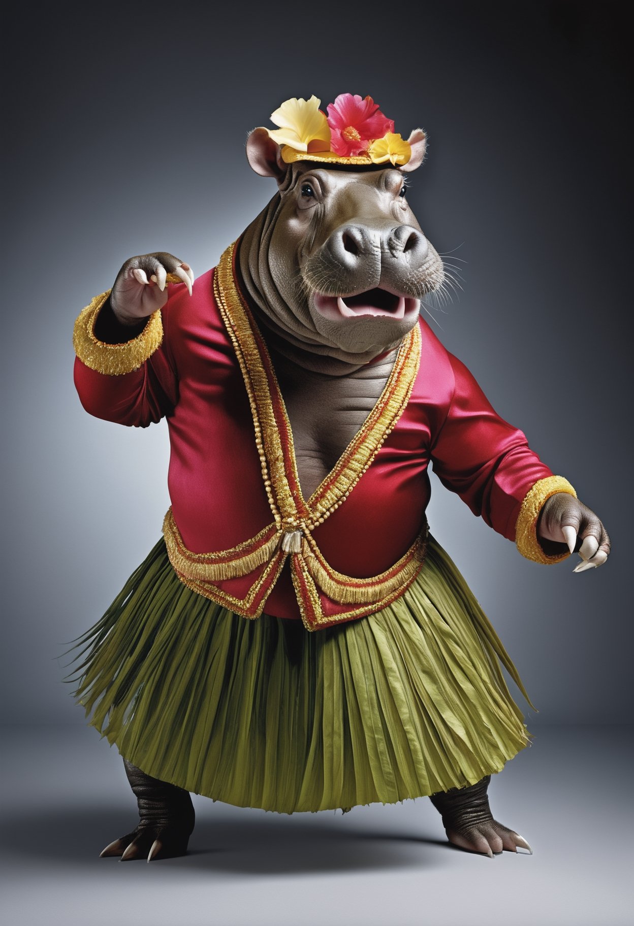 photorealistic portait of Dressed animals - a hippopotamus hula dancer, high quality, highly detailed, studio lighting,