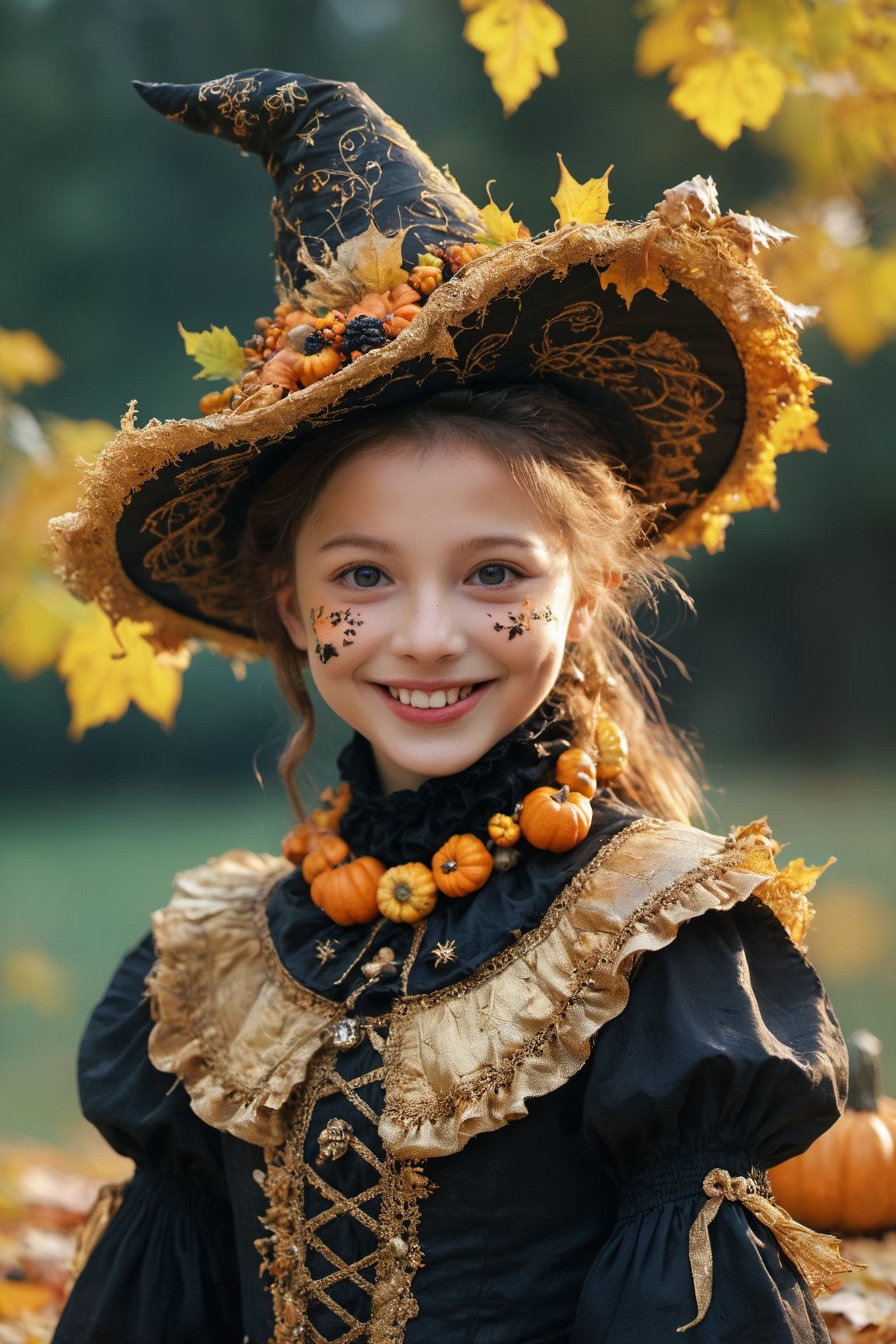 (Aetherpunk style:1.4),wide angle,8k , ultra quality ,nature,pagan imagery,cute very young Halloween witch,10 years old girl,(big smile),,art by Giuseppe Arcimboldo,gold detailed,utopia,magic,(Halloween atmosphere),neon detailed,beasts,mages,((in Halloween town,amazing scenery)),(highly detailed:1.2),(ultra realism:1.2), realistic, detailed, textured, skin, hair, eyes, by Alex Huguet, Mike Hill, Ian Spriggs, JaeCheol Park, Marek Denko,(side view:1.5)
,