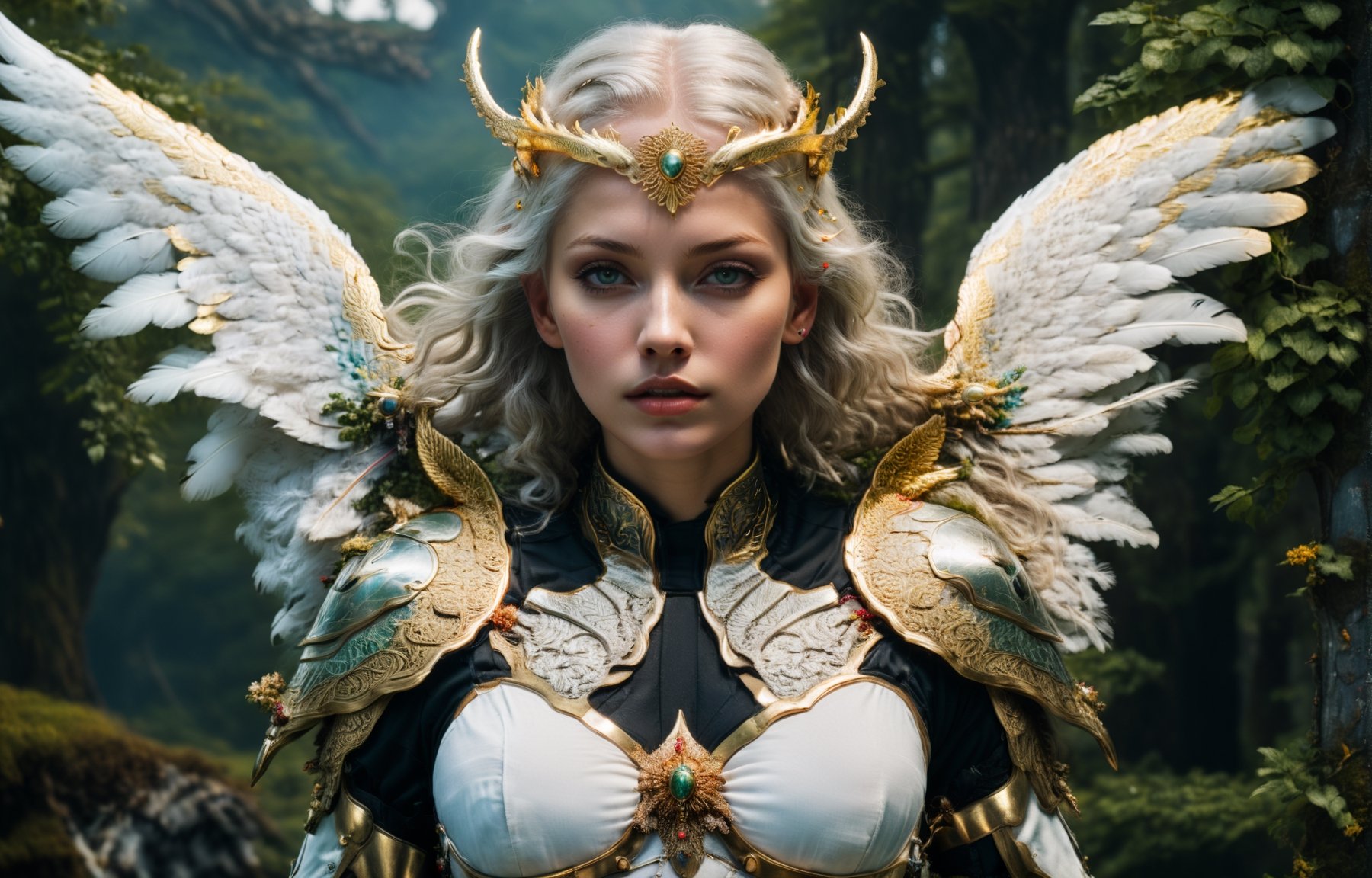 (wide angle),(Aetherpunk style:1.4),8k , ultra quality ,nature,pagan imagery,intricate detailed, beautiful valkyrie ,gold detailed holy gorgeous armor,intricate detailed wide angelic wings,spreading angelic wings wide,utopia,magic,detailed,mages,outdoors,amazing scenery,(highly detailed:1.2),(ultra realism:1.2), realistic, detailed, textured, skin, platinum white hair, green eyes, by Alex Huguet, Mike Hill, Ian Spriggs, JaeCheol Park, Marek Denko
,detailmaster2,more detail XL,(half body image),realistic,3d toon style,xxmix_girl