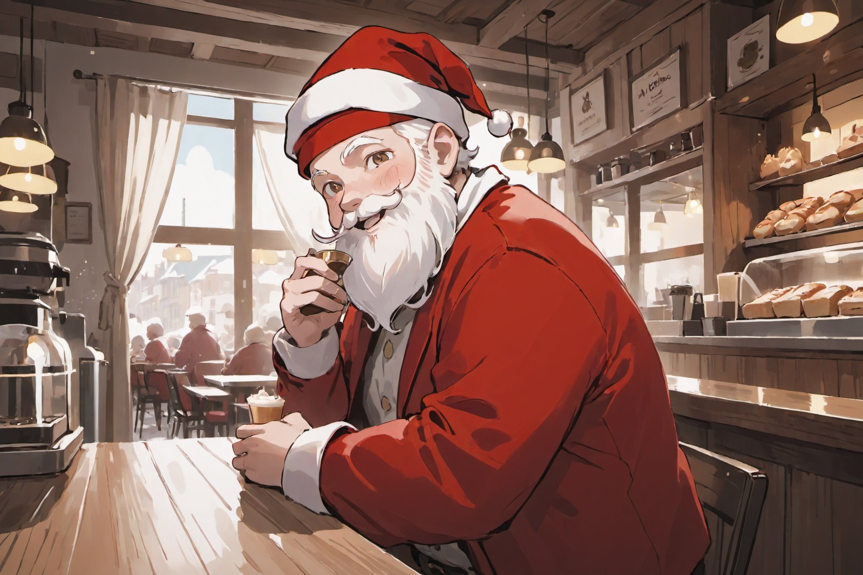 colorful, shine, beautiful-detailed , solo, solo focus,fat old male, Santa Claus, white hair, beautiful detailed sky, dynamic angle, white beard, cinematic light, glow white particles,
cafe, , red jacket,calm smile,relieved look
Style - Cozy and Quaint
Background - Charming Café with Rustic Interior
Subject - Santa Claus Wearing red and white jacket
View - Inviting Scene Bathed in Morning Sunlight
Appearance - Casual and Approachable
Outfit - red hat and red and white jacket
Pose - sitting in Café , drinking coffee
Details - Steam from Coffee Cups, Display of Pastries
Effects - Warm Morning Sunlight Creating a Comforting Ambiance
Description - "Step into the cozy embrace of a quaint café, where the morning sunlight filters in through the windows, casting a warm and inviting glow. As you enter, your gaze is drawn to the barista behind the counter, a friendly figure wearing a red hat  and jacket neatly at the front.
The café's rustic interior complements the barista's attire, 