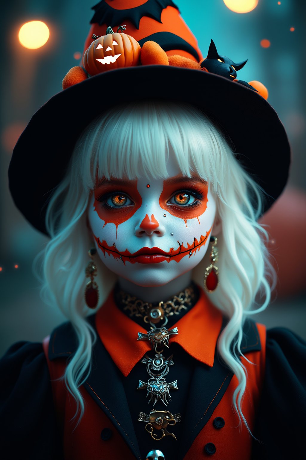 (Best Quality, 8K, 32K, masutepiece:1.3), Ultra-detailed, (Photorealistic:1.4), white colors, albino,15yo cute Girl with Halloween heavy paint on her face, child-like face,Detailed eyes, Upper body, Luxurious punk hair, Edgy Halloween fashion,(Halloween atmosphere),in Gothic Halloween costume and hat,jack-o-lantern motif accessories,necklace and earrings,  Avant-garde Halloween makeup, Numerous piercings,,night sky background, Backlight effect, Shallow depth of field, Blurry background,score_9, score_8_up, score_7_up, score_6_up, score_5_up, score_4_up,