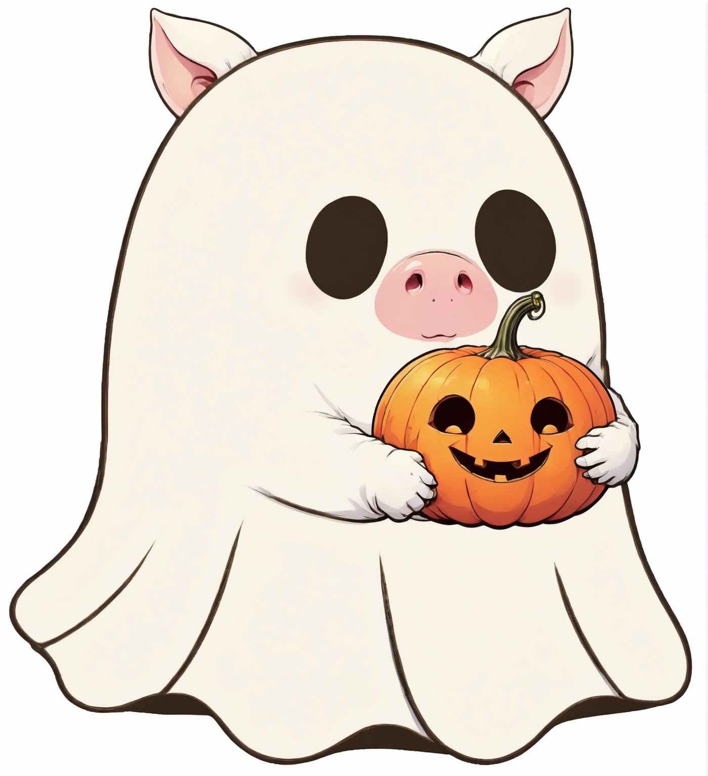 realistic illustration of  ghost, high quality,(cute) ,(),intricate detailed ghost, ,pig ears , pig nose,,holding pumpkin,Halloween atmosphere, simple  white background,score_9, score_8_up, score_7_up, score_6_up, score_5_up, score_4_up,comic book