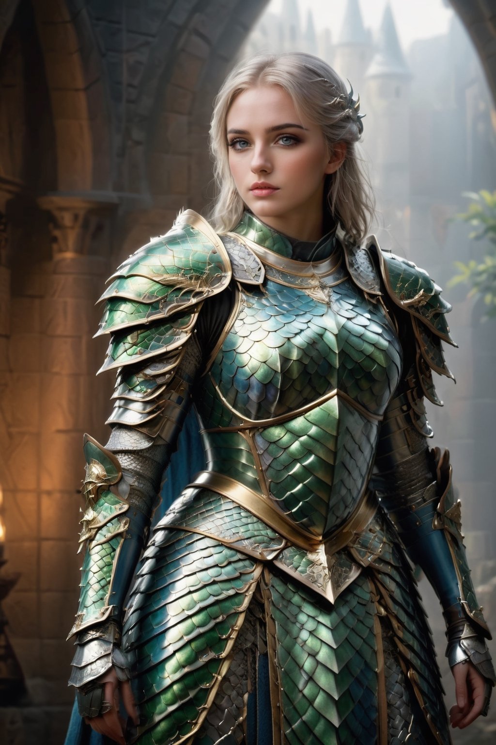 epic composition, cinematic lighting, masterpiece, a medieval girl knight, preparing for a fight, wearing hooded dark robes, and a intrincate dragon armor with elaborated golden ornaments, dynamic action pose, frontal shot, medieval war background, full body portrait, dim volumetric lighting, 8k octane beautifully detailed render, extremely hyper-detailed, intricate, stunning Detailed matte painting, deep color, fantastical, intricate detail, complementary colors, fantasy concept art, 8k resolution trending on Artstation Unreal Engine 5, bioluminescent, holographic, Volumetric light, rays, blue tones, zdyna_pose,dragon armor