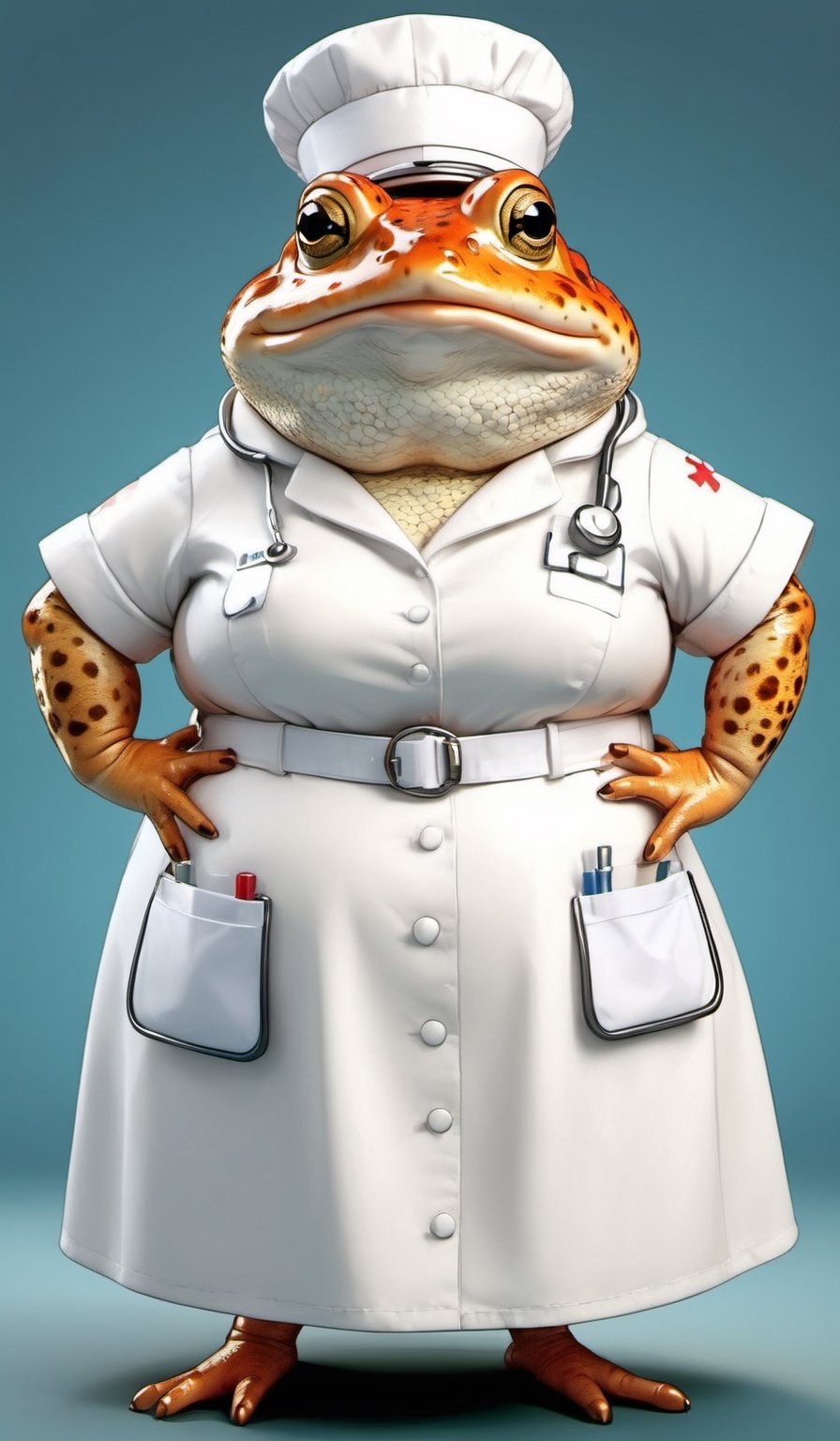  portrait of Dressed animals - a ((fat)) cute toad nurse,(hands on hips:1.5 ),(closed mouth), high quality,(lovely) ,intricate details, highly detailed (( nurse costume)), wearing nurse cap and skirt , highly detailed medical equipment , (happy), studio lighting,(),(simple background)