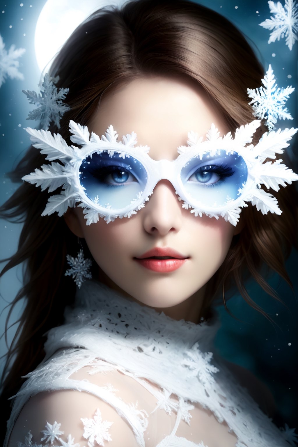 Generate hyper realistic image of a mysterious beauty portrait with the woman adorned in a snowflake glasses. Experiment with shadows and moonlight to enhance the allure and mystique of the masquerade theme.,sfglasses