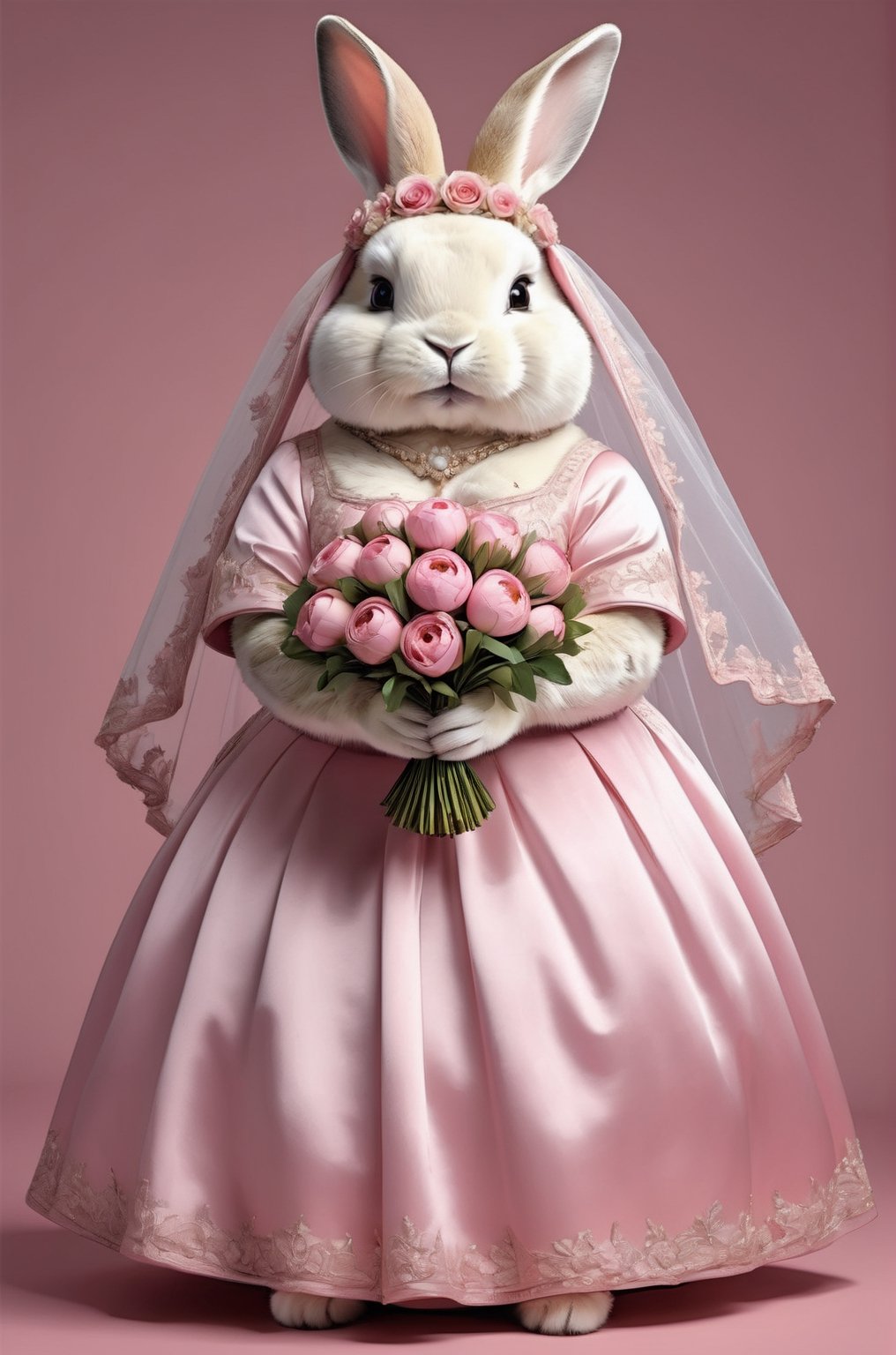 photorealistic portrait of Dressed animals - a ((fat)) rabbit,(elegant pose),(closed mouth),(frurry), high quality,(lovely) ,intricate details, highly detailed ((pink wedding dress)),wearing opera globes ,wearing highly detailed veil, highly detailed decorations ,holding flower bouquet, (happy), studio lighting,(full body image:1.5),comic book
