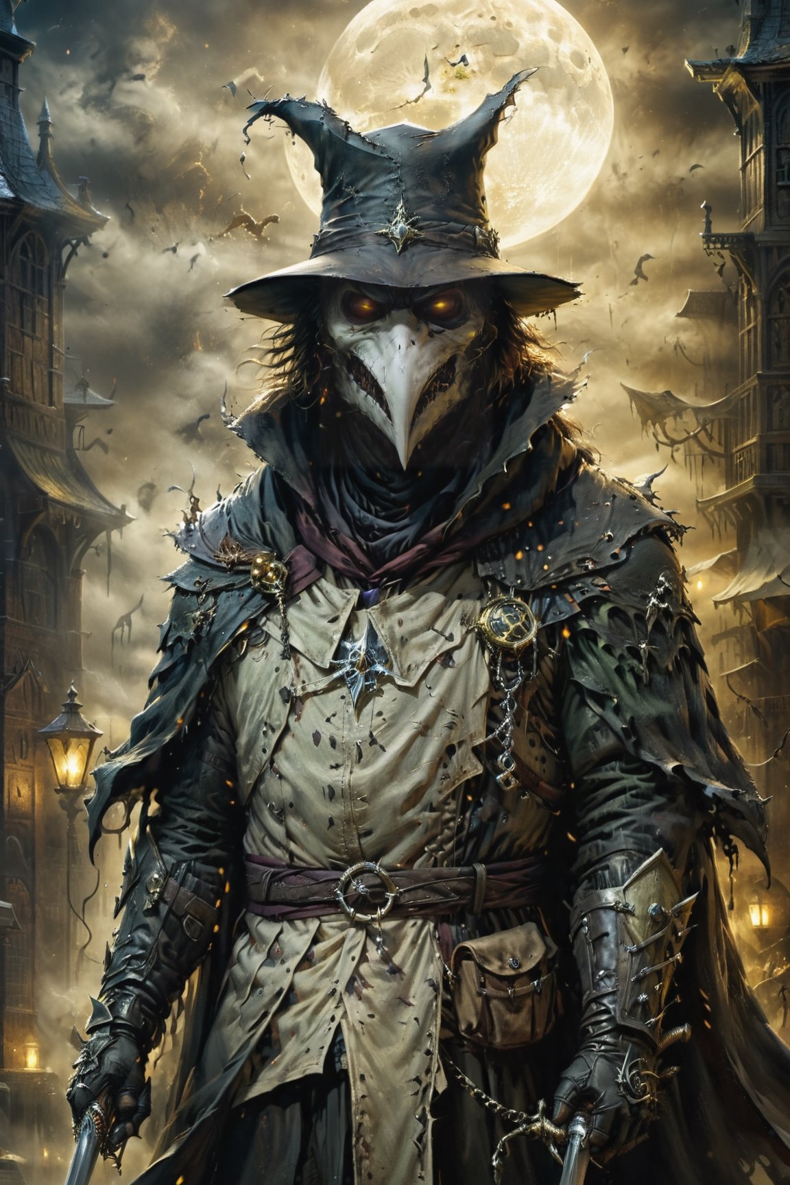 (((Top Quality: 1.4))), (Art by Todd McFarlane and Greg Capullo),Spawn comic style,(Unparalleled Masterpiece),(Ultra High Definition),(Ultra-Realistic 8k CG),chiaroscuro,Plague Doctor,detailed Plague Doctor's clothes ,wearing plague doctor's mask and hat , in dark medieval street,creepy atmosphere, eerie moon light penetrating makes gradient of shadows and adds depth to images, (magic mysterious background,highly detailed baclgound, glowing particles, ethereal fog, faint darkness), hype realistic cover photo awesome full color, Cinematic, (hyper detail: 1.2), perfect anatomy,more detail XL,Leonardo Style,,detailmaster2,((over waist image:1.8)),oil painting,realistic