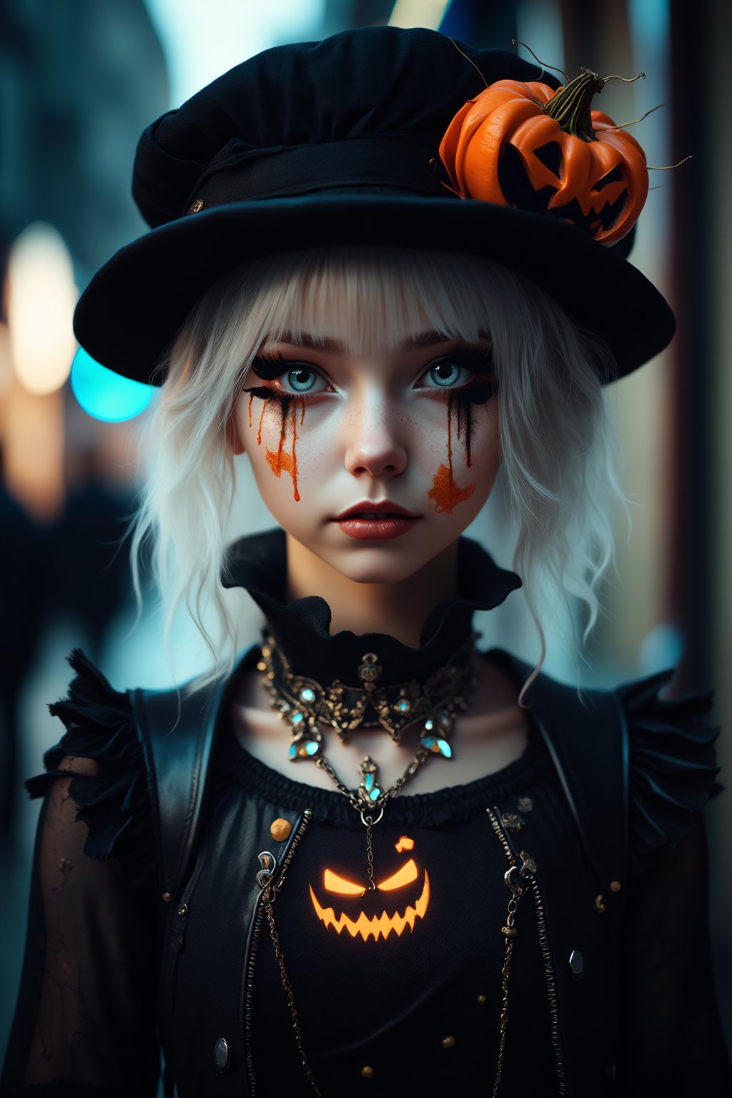 (Best Quality, 8K, 32K, masutepiece:1.3), Ultra-detailed, (Photorealistic:1.4), white colors, albino,15yo Punk Girl with Halloween heavy paint on her face, Detailed eyes, Upper body, Luxurious punk hair, Edgy Halloween fashion,(Halloween atmosphere),in Gothic Haloween costume and hat, Pumpkin motif accessories,necklace and earrings,  Avant-garde Halloween makeup, Numerous piercings,,night sky background, Backlight effect, Shallow depth of field, Blurry background,score_9, score_8_up, score_7_up, score_6_up, score_5_up, score_4_up,