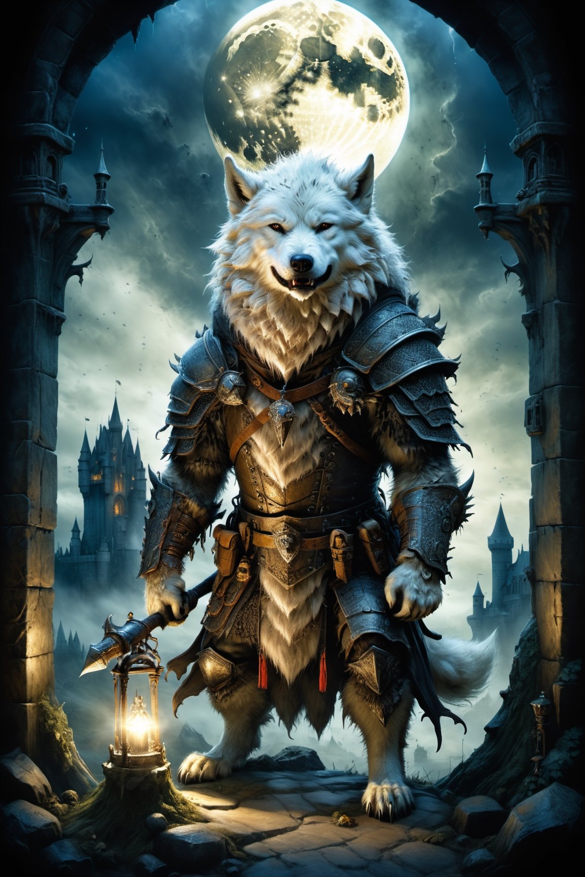 (((Top Quality: 1.4))), (Art by jean baptiste monge),(Unparalleled Masterpiece),(Ultra High Definition),(Ultra-Realistic 8k CG),chiaroscuro,cute white werwolf,king of werwolves massive mascular body ,fluffy body ,8 life size, in dark medieval castle,horror , eerie moon light makes gradient of shadows and adds depth to images, (magic mysterious background,highly detailed baclgound, glowing particles, ethereal fog, faint darkness), hype realistic cover photo awesome full color, Cinematic, (hyper detail: 1.2), perfect anatomy,more detail XL,Leonardo Style,,detailmaster2,((over waist image:1.8)),,realistic,monster