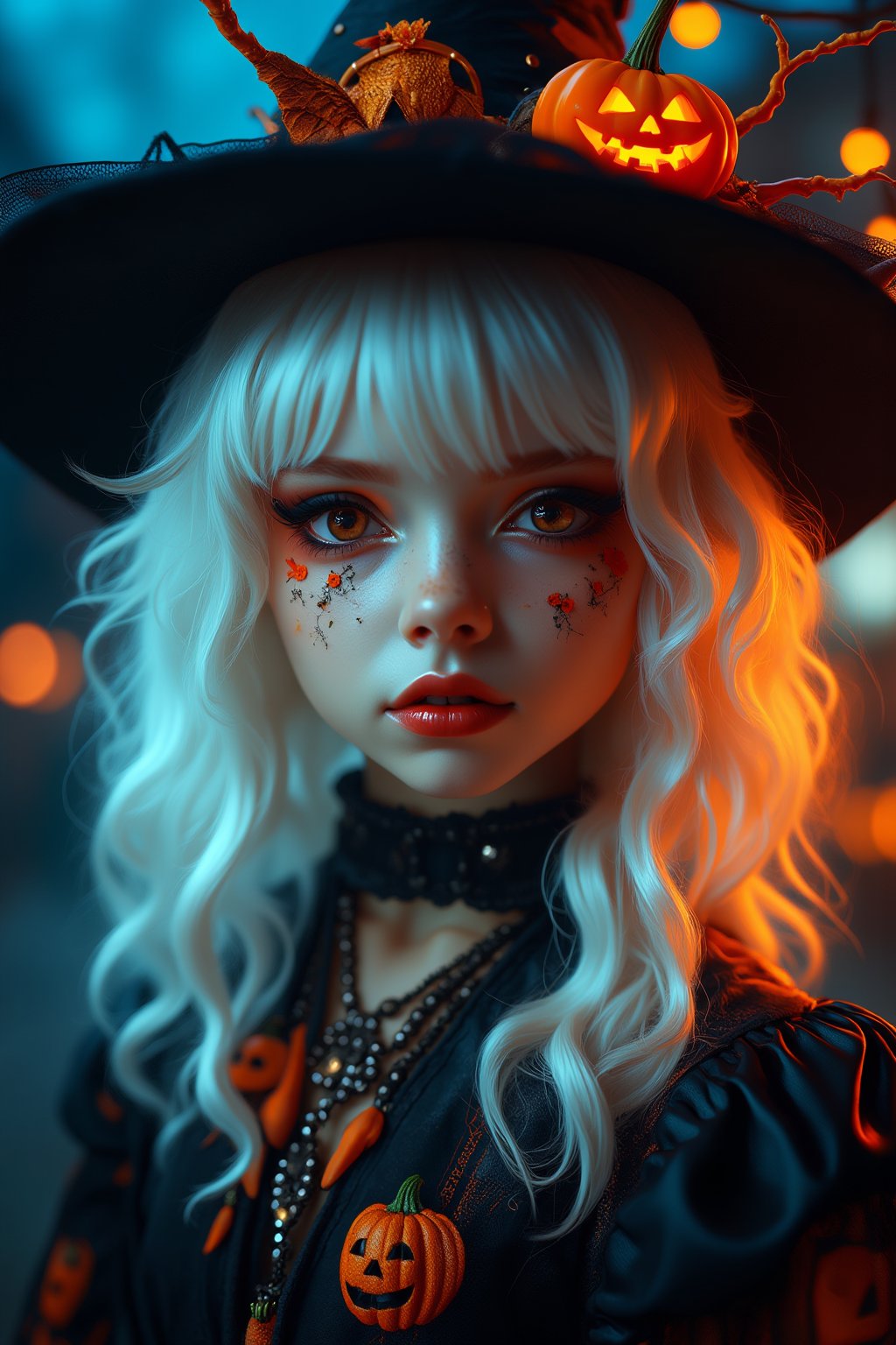 (Best Quality, 8K, 32K, masutepiece:1.3), Ultra-detailed, (Photorealistic:1.4), white colors, albino,15yo cute Girl with Halloween heavy paint on her face, Detailed eyes, Upper body, Luxurious punk hair, Edgy Halloween fashion,(Halloween atmosphere),in Gothic Haloween costume and hat, Pumpkin motif accessories,necklace and earrings,  Avant-garde Halloween makeup, Numerous piercings,,night sky background, Backlight effect, Shallow depth of field, Blurry background,score_9, score_8_up, score_7_up, score_6_up, score_5_up, score_4_up,