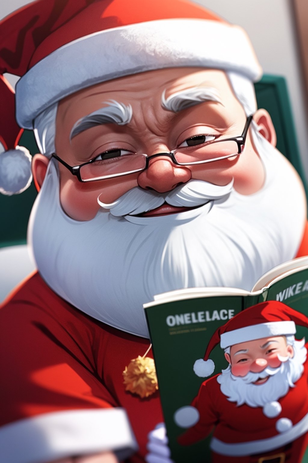 ((Santa Claus)) is reading a magazine with cover illustration of sexy girl,white hair,white beard,wearing santa costume,IncrsAnyasHehFaceMeme,tonghuazhen,(grin),smug, peeking out face ,Santa Claus,close up image,