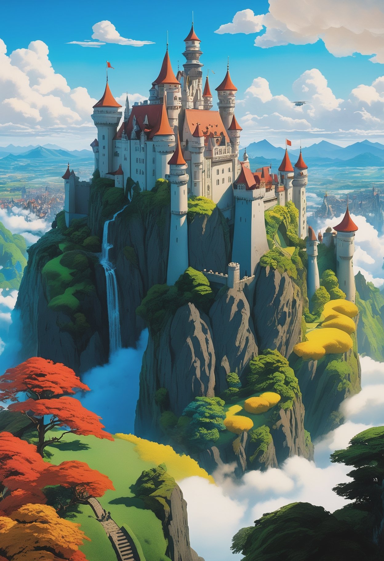 A fusion of Hayao Miyazaki and Studio Ghibli's art style, [castle|sky fortress], soaring amidst the clouds, splendid view of an (animated kingdom in the sky:1.5), as seen through the lens of a (drone:1.2), captured in vivid, panoramic 8K, painted with whimsical colors, set in a (sunlit afternoon), featuring meticulous details of the castle architecture, capturing the essence of a dreamlikeart and mdjrny-v4 style, nostalgic lighting setting a vintage charm, highlighted by a [(Steven Spielberg:1.2) inspired cinematic magic], intricate detailing reminiscent of Claude Monet and Vincent van Gogh's style, a fairytale come alive in a (telephoto lens) shot