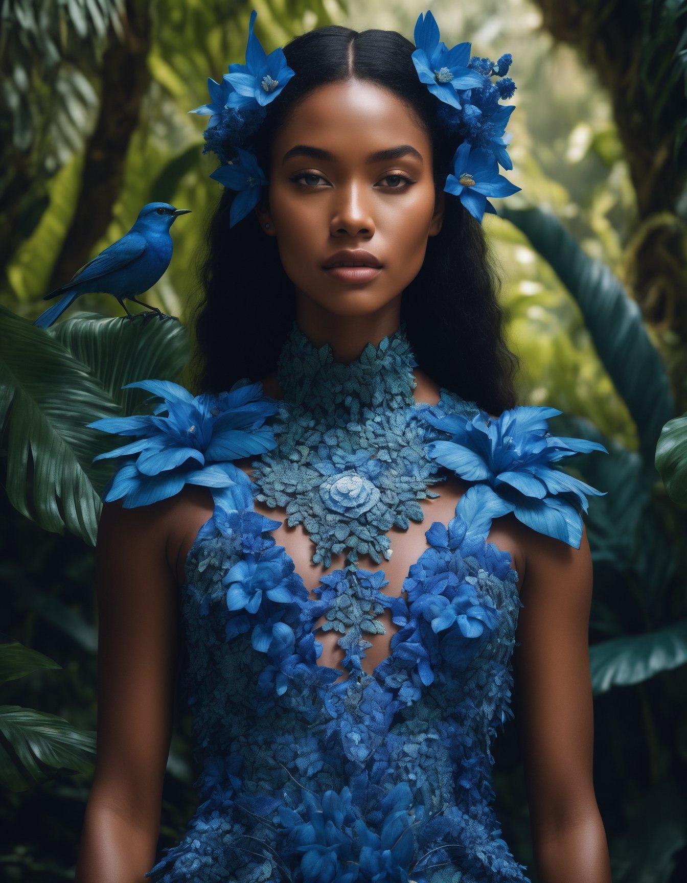 fashion photography portrait of blue human avatar, in blue lush jungle with flowers and birds, 3d render, cgi, symetrical, octane render, 35mm, bokeh, 9:16, (intricate details:1.12), hdr, (intricate details, hyperdetailed:1.15), (natural skin texture, hyperrealism, soft light, sharp:1.2)