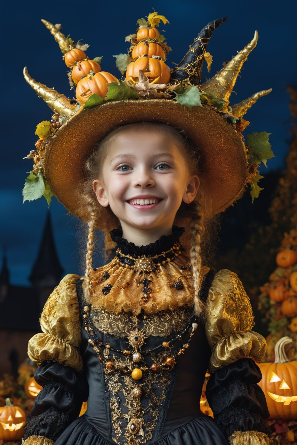 (Aetherpunk style:1.4),wide angle,8k , ultra quality ,nature,pagan imagery,cute very young Halloween witch,10 years old girl,(big smile),,art by Giuseppe Arcimboldo,gold detailed,utopia,magic,(Halloween atmosphere),neon detailed,beasts,mages,((in Halloween town,amazing scenery)),(highly detailed:1.2),(ultra realism:1.2), realistic, detailed, textured, skin, hair, eyes, by Alex Huguet, Mike Hill, Ian Spriggs, JaeCheol Park, Marek Denko,(side view:1.5)
,