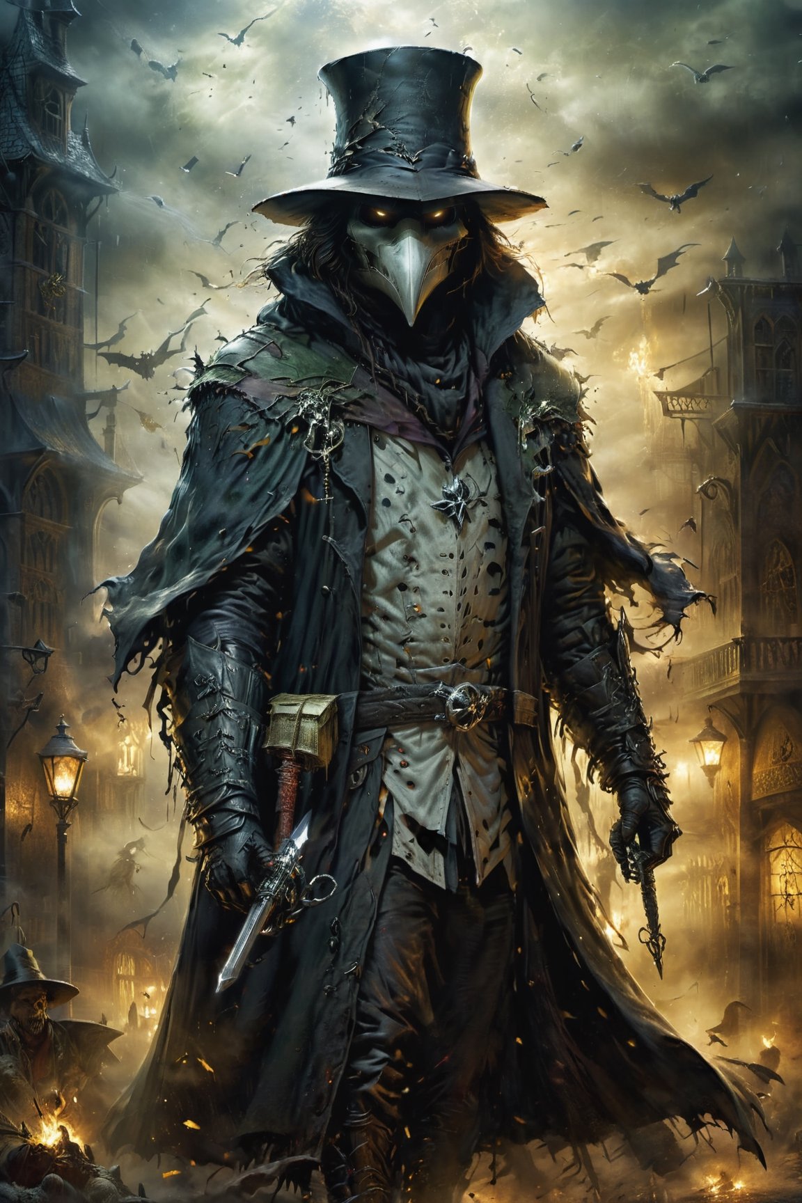 (((Top Quality: 1.4))), (Art by Todd McFarlane and Greg Capullo),Spawn comic style,(Unparalleled Masterpiece),(Ultra High Definition),(Ultra-Realistic 8k CG),chiaroscuro,Plague Doctor,  horror,detailed Plague Doctor's clothes ,wearing plague doctor's mask and hat , in dark medieval street,8 life size, eerie white light penetrating makes gradient of shadows and adds depth to images, (magic mysterious background,highly detailed baclgound, glowing particles, ethereal fog, faint darkness), hype realistic cover photo awesome full color, Cinematic, (hyper detail: 1.2), perfect anatomy,more detail XL,Leonardo Style,,detailmaster2,((over waist image:1.8)),oil painting
