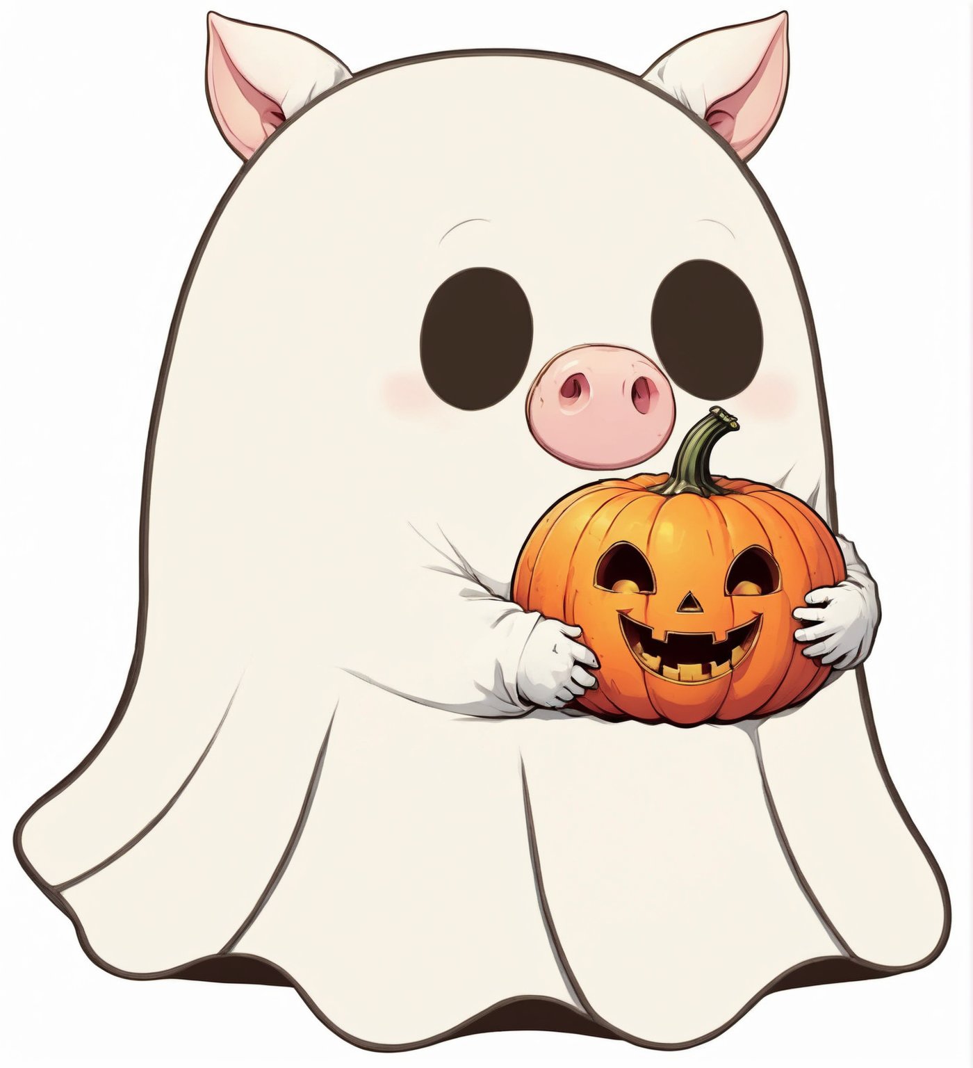 realistic illustration of  ghost, high quality,(cute) ,(smile:1.2),intricate detailed ghost, highly detailed,pig ears and nose,,taking pumpkin,Halloween atmosphere, simple  white background,score_9, score_8_up, score_7_up, score_6_up, score_5_up, score_4_up,comic book