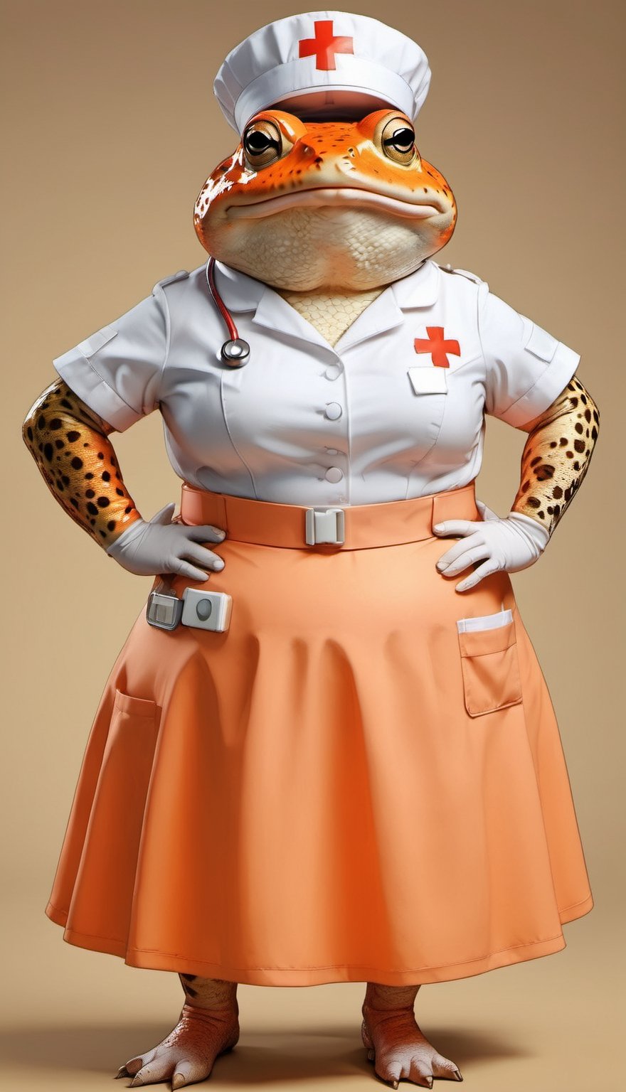  portrait of Dressed animals - a ((fat)) cute toad nurse,(hands on hips:1.5 ),(closed mouth), high quality,(lovely) ,intricate details, highly detailed (( orange nurse costume)), wearing nurse cap and skirt , highly detailed medical equipment , (happy), studio lighting,(),(simple background)