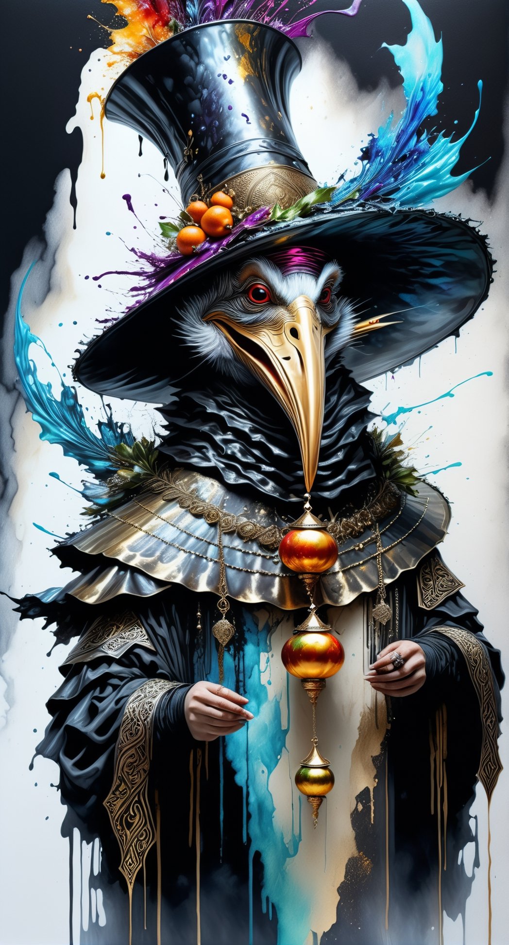 Ultra-Wide angle shot, photorealistic of gothic medieval of  stylish (turkye) character wearing pilgrim outfits,turkey,(long neck), large beak,(whole body), (laughing),art by Carne Griffiths,thanksgiving atmothphere,ornaments of thanksgiving, merged visuals, evocative storytelling, creative blending, seeBlack ink flow: 8k resolution photorealistic masterpiece:  intricately detailed fluid gouache painting: calligraphy: acrylic: colorful watercolor art, cinematic lighting, maximalist photoillustration: by marton bobzert: 8k resolution concept art intricately detailed, complex, elegant, expansive, fantastical, psychedelic realism, dripping paint,,DonML1quidG0ldXL ,Digital painting ,PEOPShockedFace