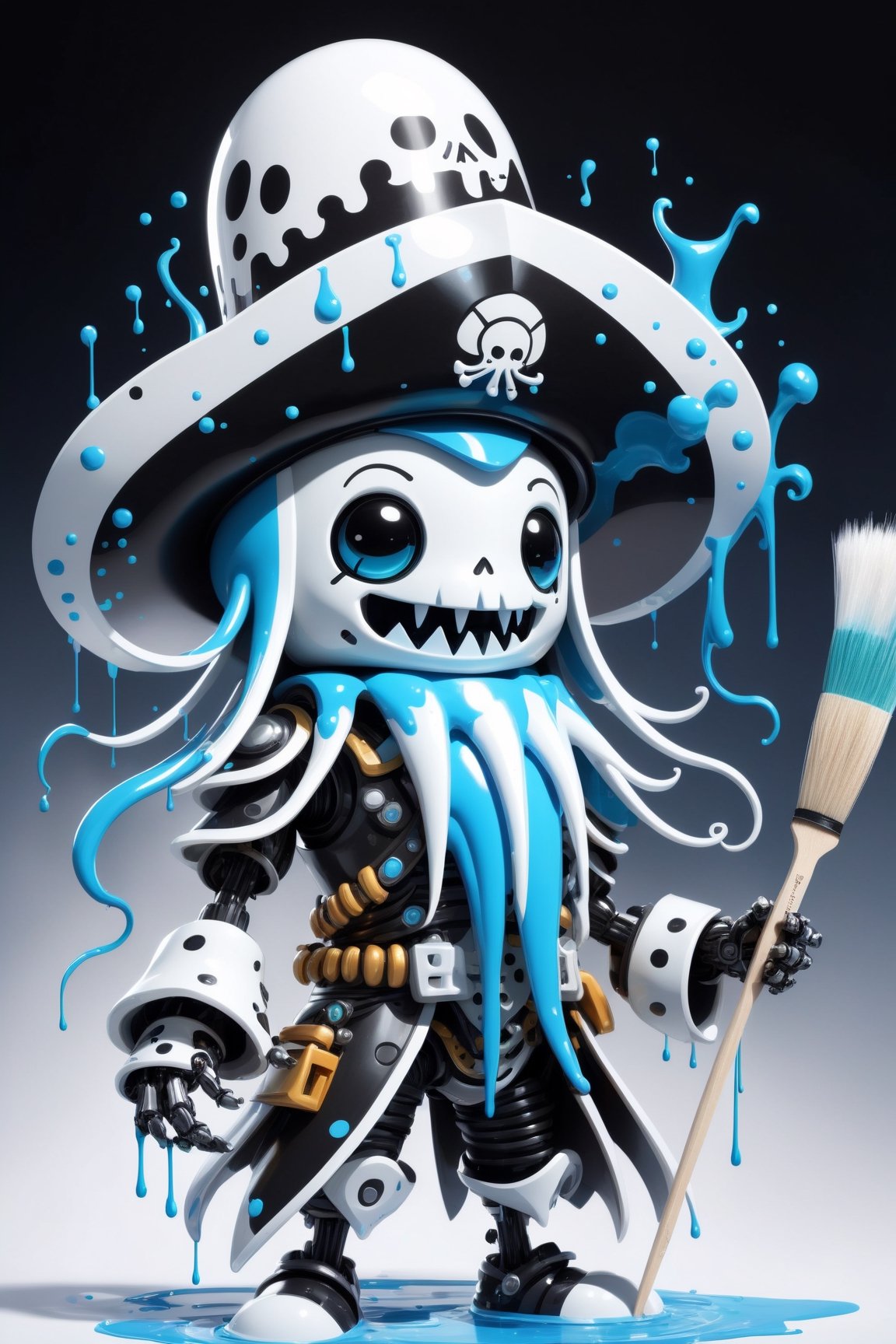cute robo character of (squid),a mascot for tensor.art,cubby, ((holding a large paintbrush)), futuristic, cyborg style,(lovely smile),wearing a black pirate's hat,cute ,white platinum metallic line,light blue and white dripping paint ,squid head, squid arms, ,mecha,robo,PEOPShockedFace