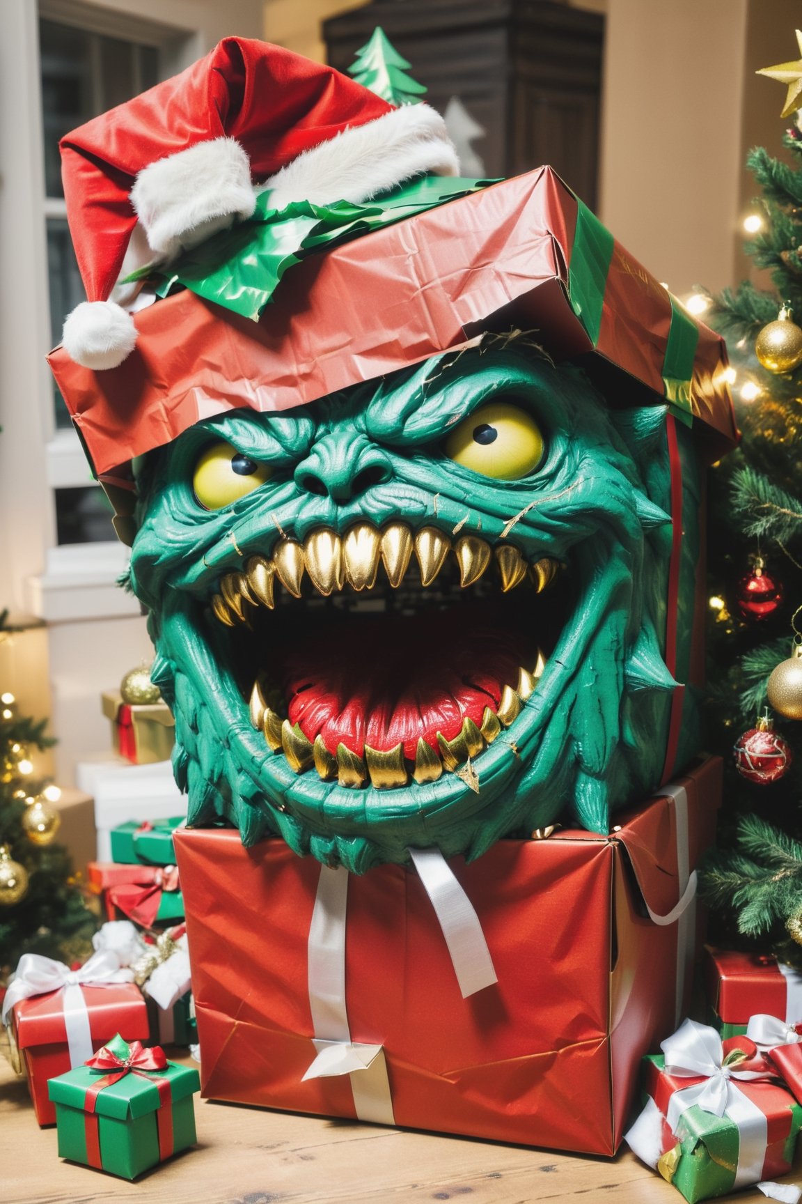  Christmas present box mimic , red cardboard box, green and gold bow, large teeth, closing large mouth, horror, dark Christmas atmosphere,christmas tree and decorations,monster