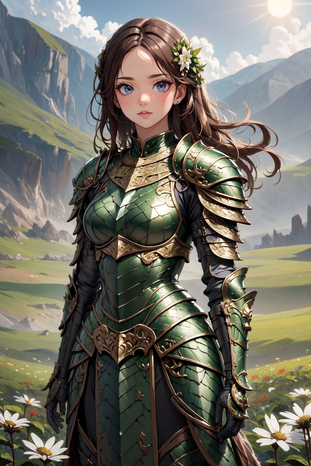 (masterpiece),(best quality),(extremely intricate),(sharp focus),(cinematic lighting),(extremely detailed),A young girl in dragon armor,standing in a meadow of wildflowers. She has long brown hair adorned with wildflowers. Her expression is determined,and her eyes are shining with courage. The sun is shining brightly behind her,casting a golden glow over the scene.,flower4rmor,flower bodysuit,Flower,dragon armor