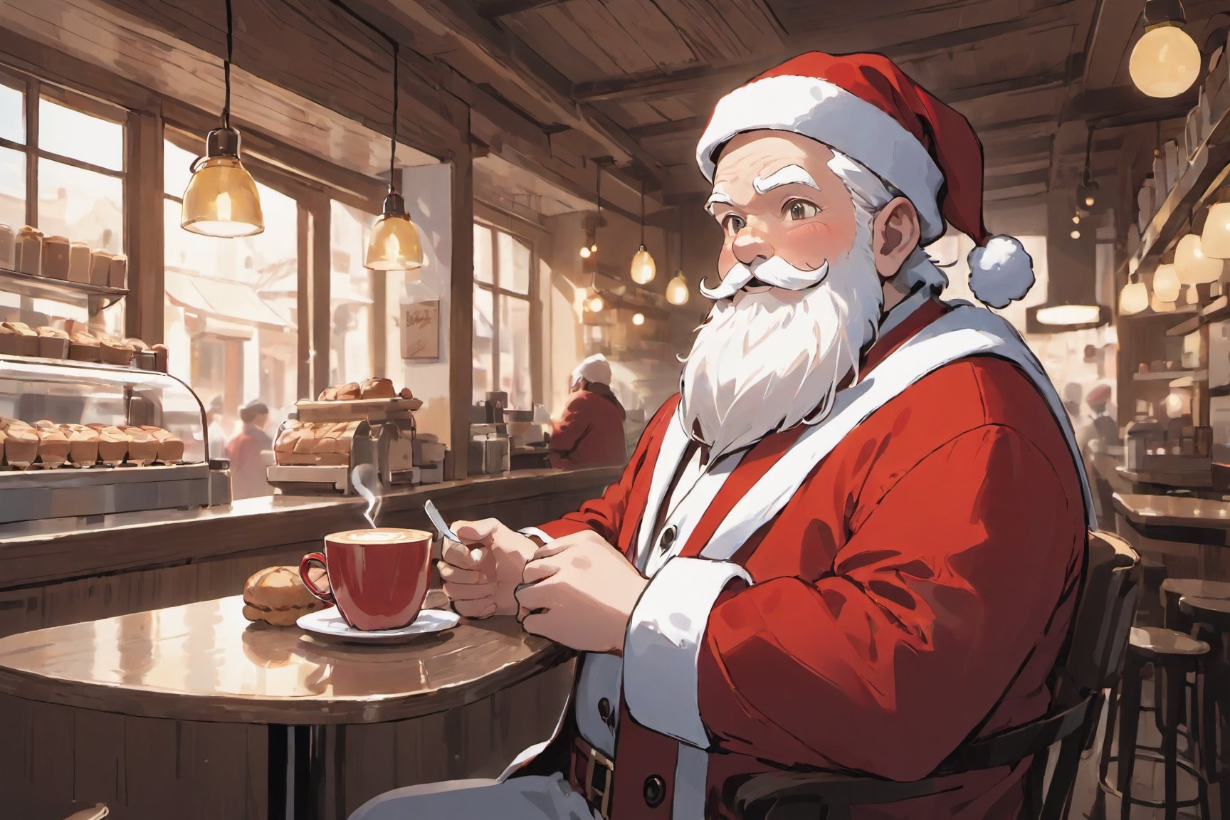 colorful, shine, beautiful-detailed , solo, solo focus,fat old male, Santa Claus, white hair, beautiful detailed sky, dynamic angle, white beard, cinematic light, glow white particles,
cafe, , red jacket,light smile,relieved look
Style - Cozy and Quaint
Background - Charming Café with Rustic Interior
Subject - Santa Claus Wearing red and white jacket
View - Inviting Scene Bathed in Morning Sunlight
Appearance - Casual and Approachable
Outfit - red hat and red and white jacket
Pose - sitting in Café , drinking coffee
Details - Steam from Coffee Cups, Display of Pastries
Effects - Warm Morning Sunlight Creating a Comforting Ambiance
Description - "Step into the cozy embrace of a quaint café, where the morning sunlight filters in through the windows, casting a warm and inviting glow. As you enter, your gaze is drawn to the barista behind the counter, a friendly figure wearing a red hat  and jacket neatly at the front.
The café's rustic interior complements the barista's attire, 