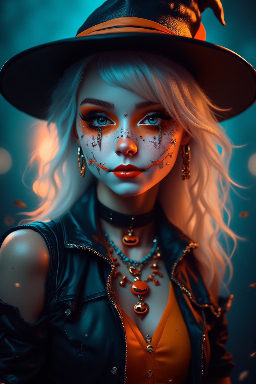 (Best Quality, 8K, 32K, masutepiece:1.3), Ultra-detailed, (Photorealistic:1.4), white colors, albino,15yo Punk Girl with Halloween paint on her face, Detailed eyes, Upper body, Luxurious punk hair, Edgy Halloween fashion,(Halloween atmosphere),in Gothic Haloween costume and hat, Pumpkin motif accessories,necklace and earrings,  Avant-garde Halloween makeup, Numerous piercings,,night sky background, Backlight effect, Shallow depth of field, Blurry background,score_9, score_8_up, score_7_up, score_6_up, score_5_up, score_4_up,