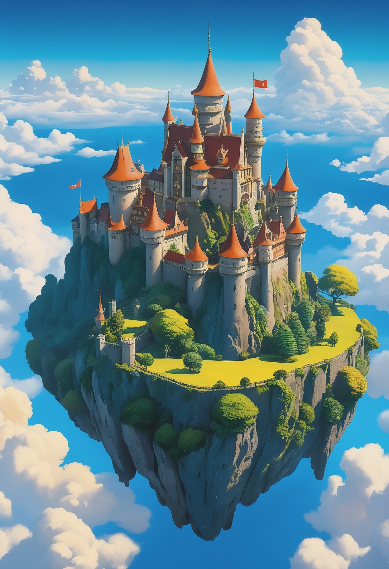 A fusion of Hayao Miyazaki and Studio Ghibli's art style, [castle|sky fortress], soaring amidst the clouds, splendid view of an (animated kingdom in the sky:1.5), as seen through the lens of a (drone:1.2), captured in vivid, panoramic 8K, painted with whimsical colors, set in a (sunlit afternoon), featuring meticulous details of the castle architecture, capturing the essence of a dreamlikeart and mdjrny-v4 style, nostalgic lighting setting a vintage charm, highlighted by a [(Steven Spielberg:1.2) inspired cinematic magic], intricate detailing reminiscent of Claude Monet and Vincent van Gogh's style, a fairytale come alive in a (telephoto lens) shot