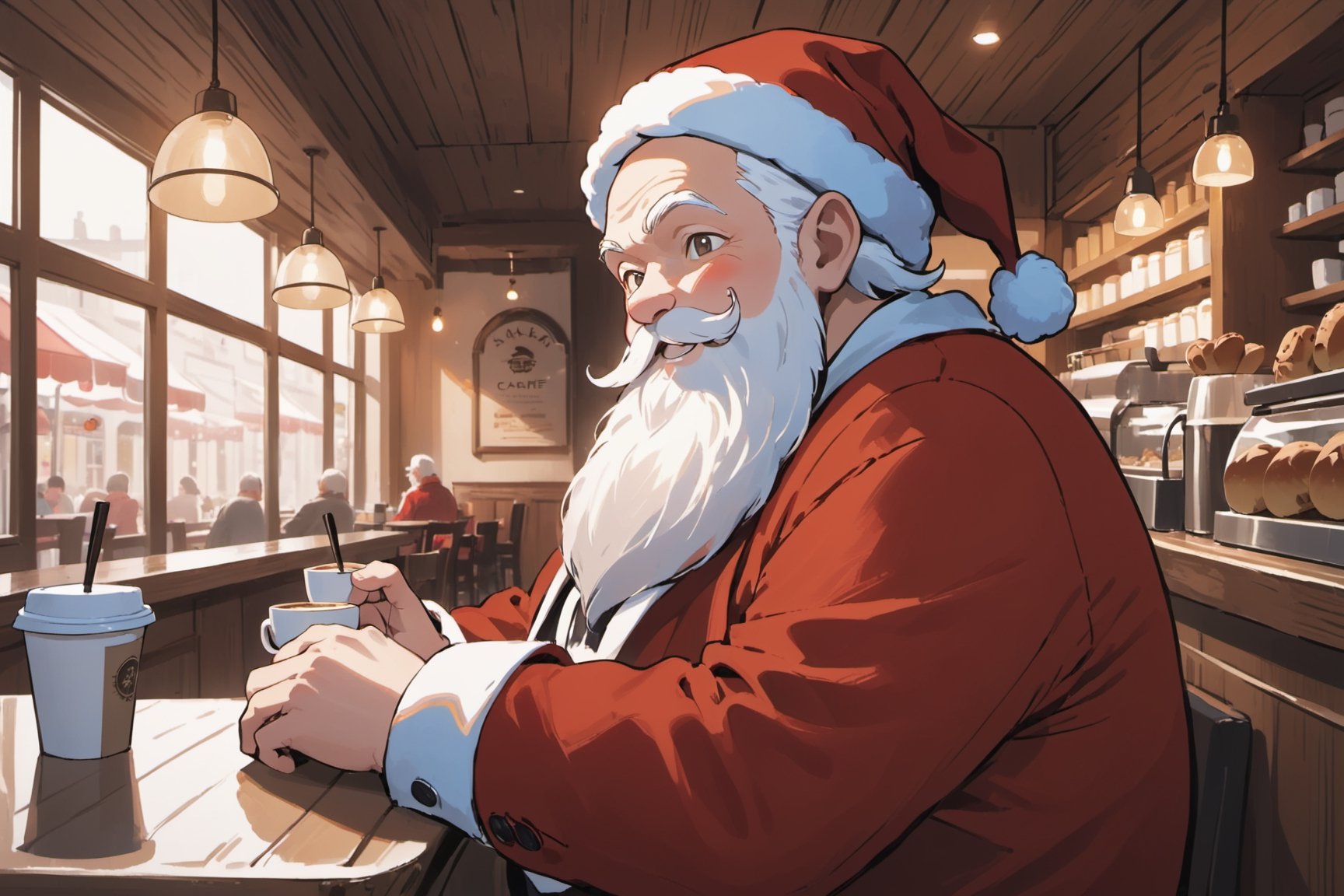 colorful, shine, beautiful-detailed , solo, solo focus,fat old male, Santa Claus, white hair, beautiful detailed sky, dynamic angle, white beard, cinematic light, glow white particles,
cafe, , red jacket,calm smile,relieved look
Style - Cozy and Quaint
Background - Charming Café with Rustic Interior
Subject - Santa Claus Wearing red and white jacket
View - Inviting Scene Bathed in Morning Sunlight
Appearance - Casual and Approachable
Outfit - red hat and red and white jacket
Pose - sitting in Café , drinking coffee
Details - Steam from Coffee Cups, Display of Pastries
Effects - Warm Morning Sunlight Creating a Comforting Ambiance
Description - "Step into the cozy embrace of a quaint café, where the morning sunlight filters in through the windows, casting a warm and inviting glow. As you enter, your gaze is drawn to the barista behind the counter, a friendly figure wearing a red hat  and jacket neatly at the front.
The café's rustic interior complements the barista's attire, 