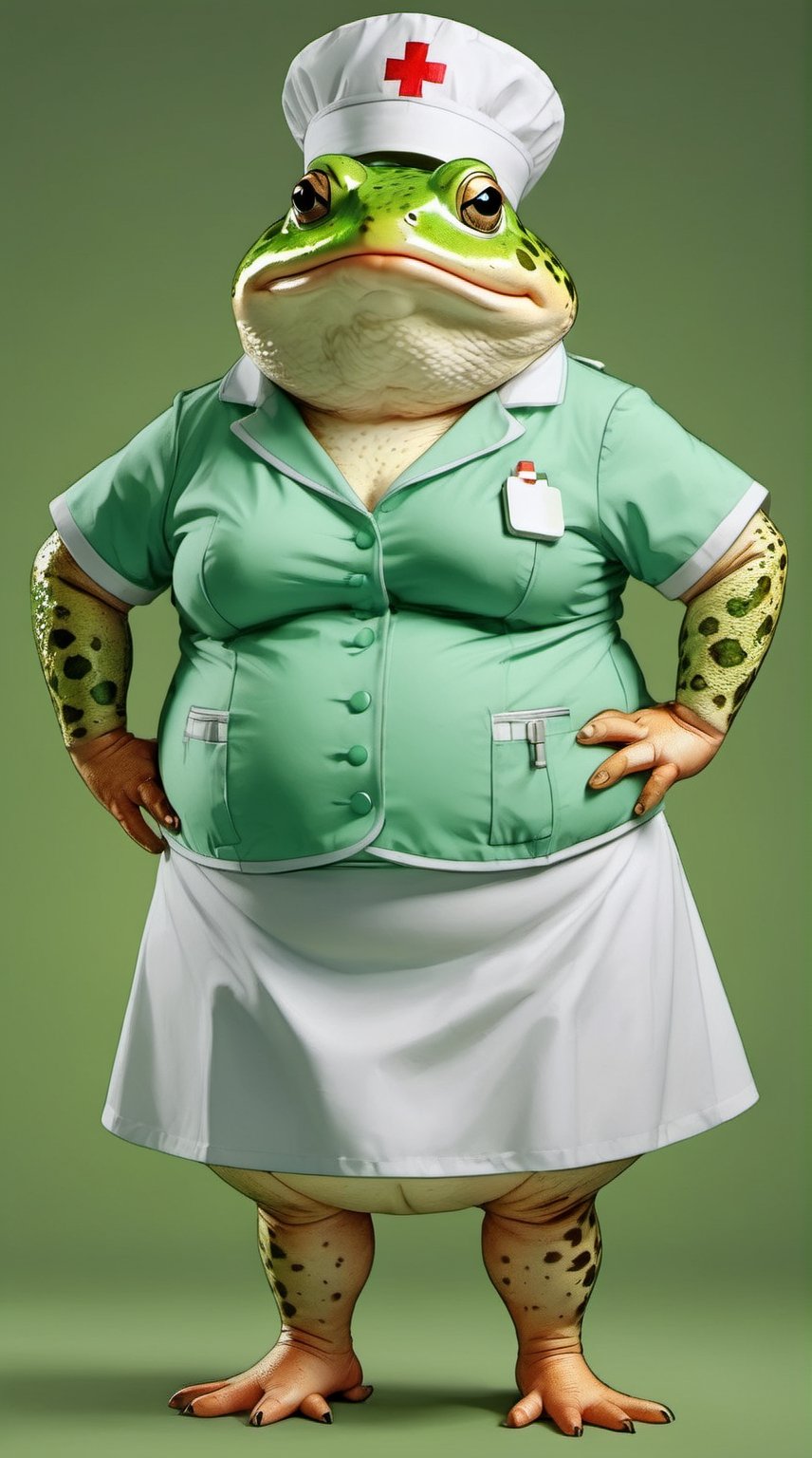  portrait of Dressed animals - a ((fat)) cute toad nurse,(hands on hips:1.5 ),(closed mouth), high quality,(lovely) ,intricate details, highly detailed (( green nurse costume)), wearing nurse cap and skirt , highly detailed medical equipment , (happy), studio lighting,(),(simple background)