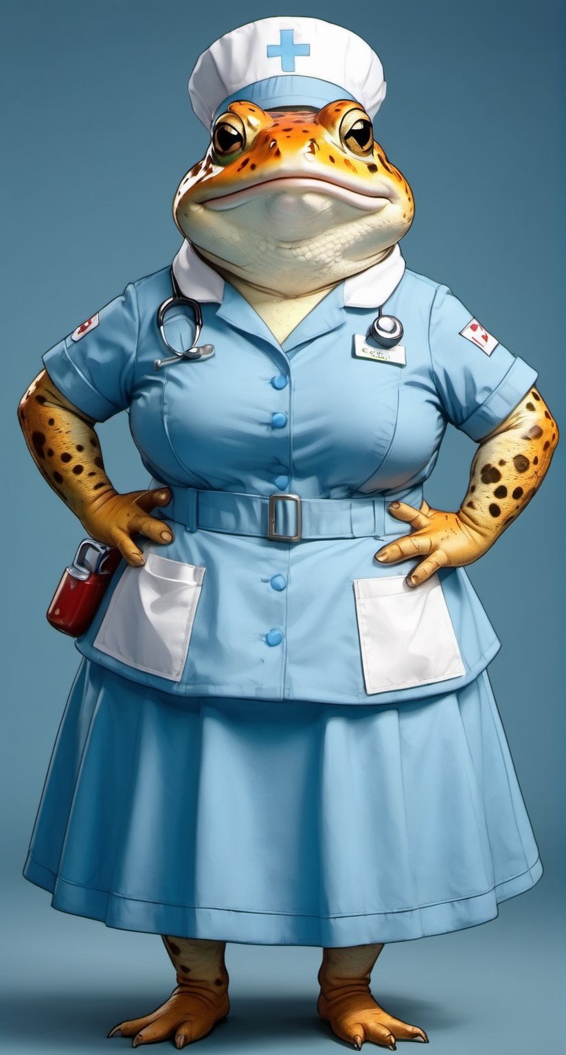  portrait of Dressed animals - a ((fat)) cute toad nurse,(hands on hips:1.5 ),(closed mouth), high quality,(lovely) ,intricate details, highly detailed (( blue nurse costume)), wearing nurse cap and skirt , highly detailed medical equipment , (happy), studio lighting,(),(simple background)