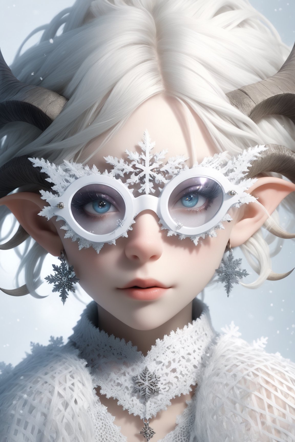 1 girl, (masterful), albino demon girl with lethargic sleepy smokey eyes,(white dreadlocks hair),((slit pupil eyes)),mesh fishnet blouse, (long intricate horns:1.2) ,wearing snowflake glasses,
best quality, highest quality, extremely detailed CG unity 8k wallpaper, detailed and intricate, 
,steampunk style,Glass Elements,snowflake glasses